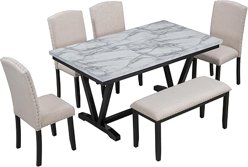 Miniatura 7 de Merax Juego de mesa de comedor de estilo moderno para 6 personas con 4 sillas y un banco, mesa de chapas de mármol y patas de mesa en forma de V,