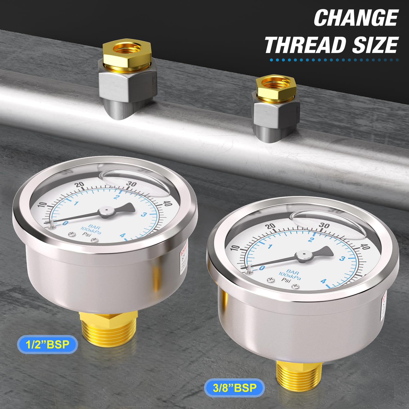 MEANLIN MEASURE 0-4BAR/60Psi Edelstahl 1/4" BSP 2.5" FACE DIAL Flüssigkeitsgefülltes Manometer WOG Wasser Öl Luft Rückwandmontage, mit 1/4" x 1/2" BSP und 1/4" x 3/8" BSP Sechskantbuchse
