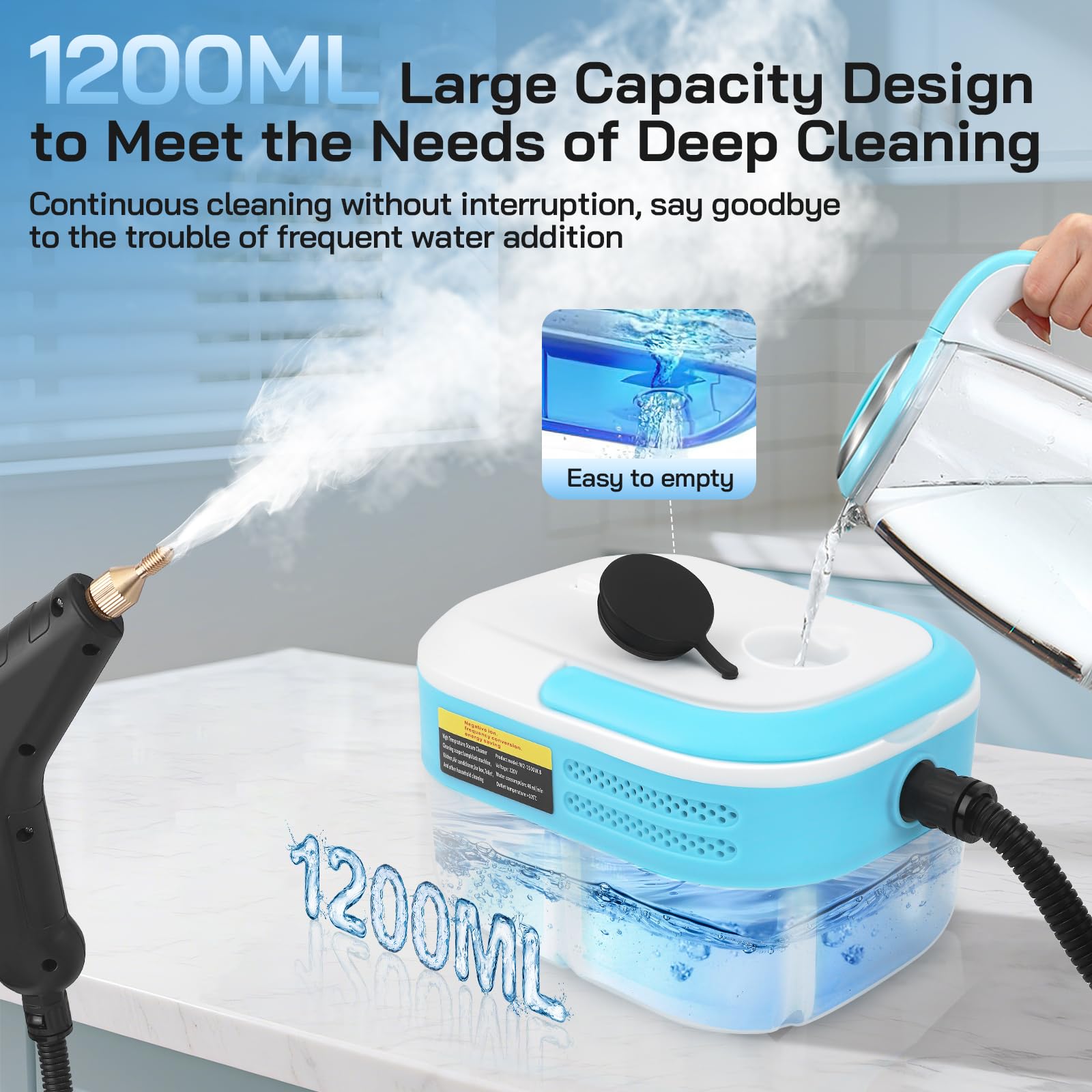 Limpiador a vapor manual, 1500 W, limpiador de vapor de mano portátil con depósito de agua grande de 1200 ml, limpiador a vapor de alta presión, 7 accesorios para todos los muebles de cocina