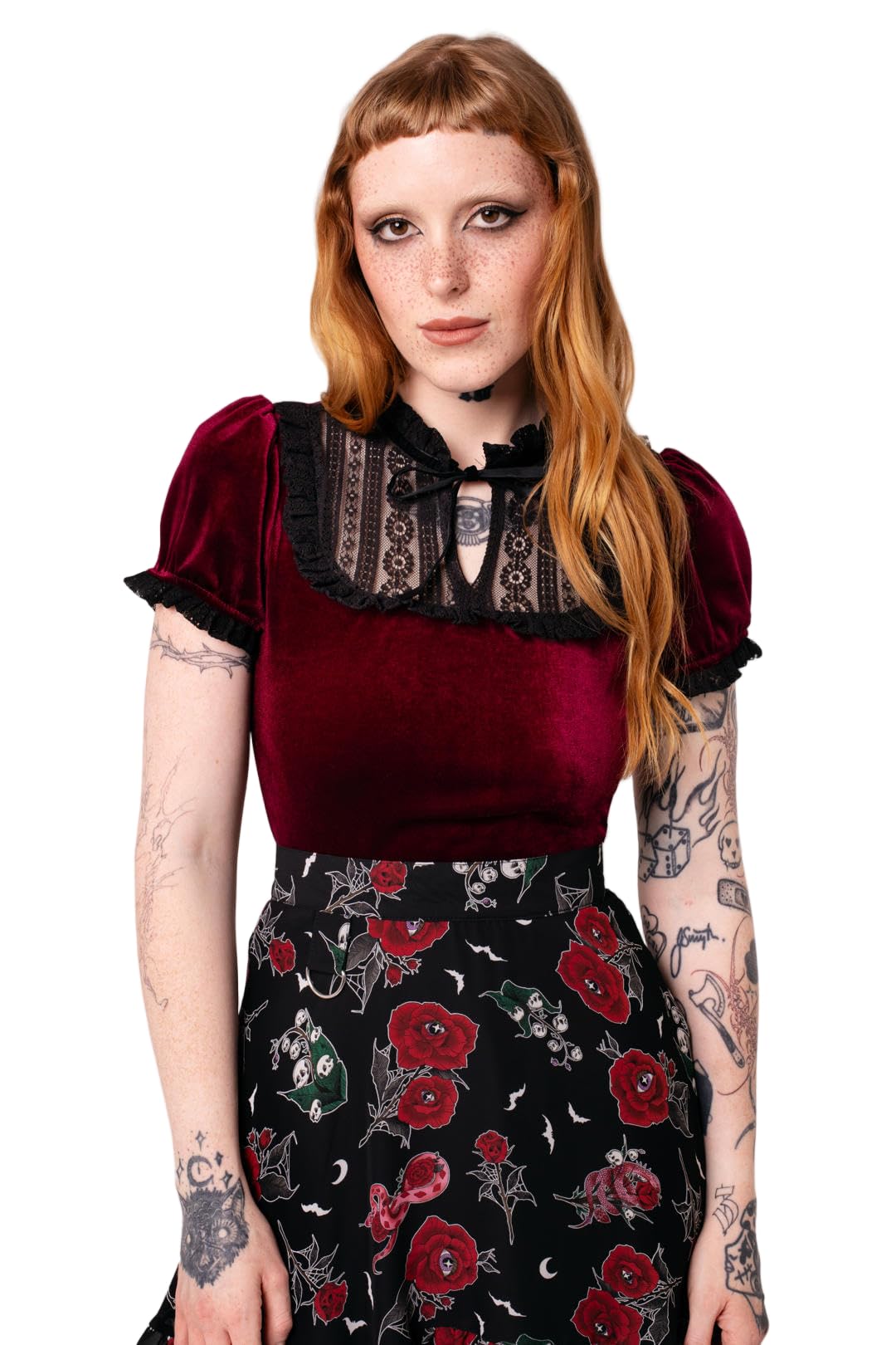 Hell Bunny Women's Burgundy Mourning Velvet Gothic Style Fitted Bodice Top In | Size: Xl