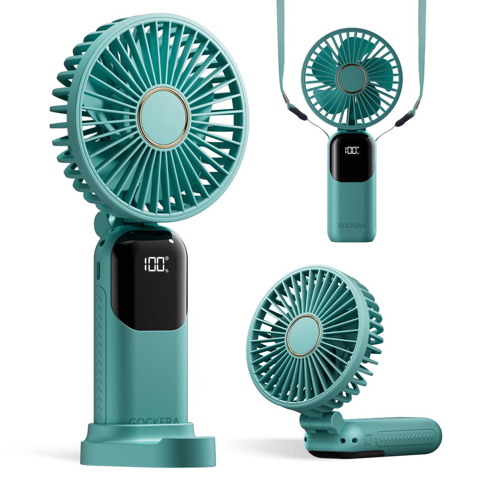 Portable Fan, 4200mAh Battery Operated Fan, 5 Speeds&Digital Display, Makeup Fans for Women with Base, 180°Foldable 3in1 Handheld/Neck/Desk Fan for Outdoor Indoor,Ultra Quiet (Green)