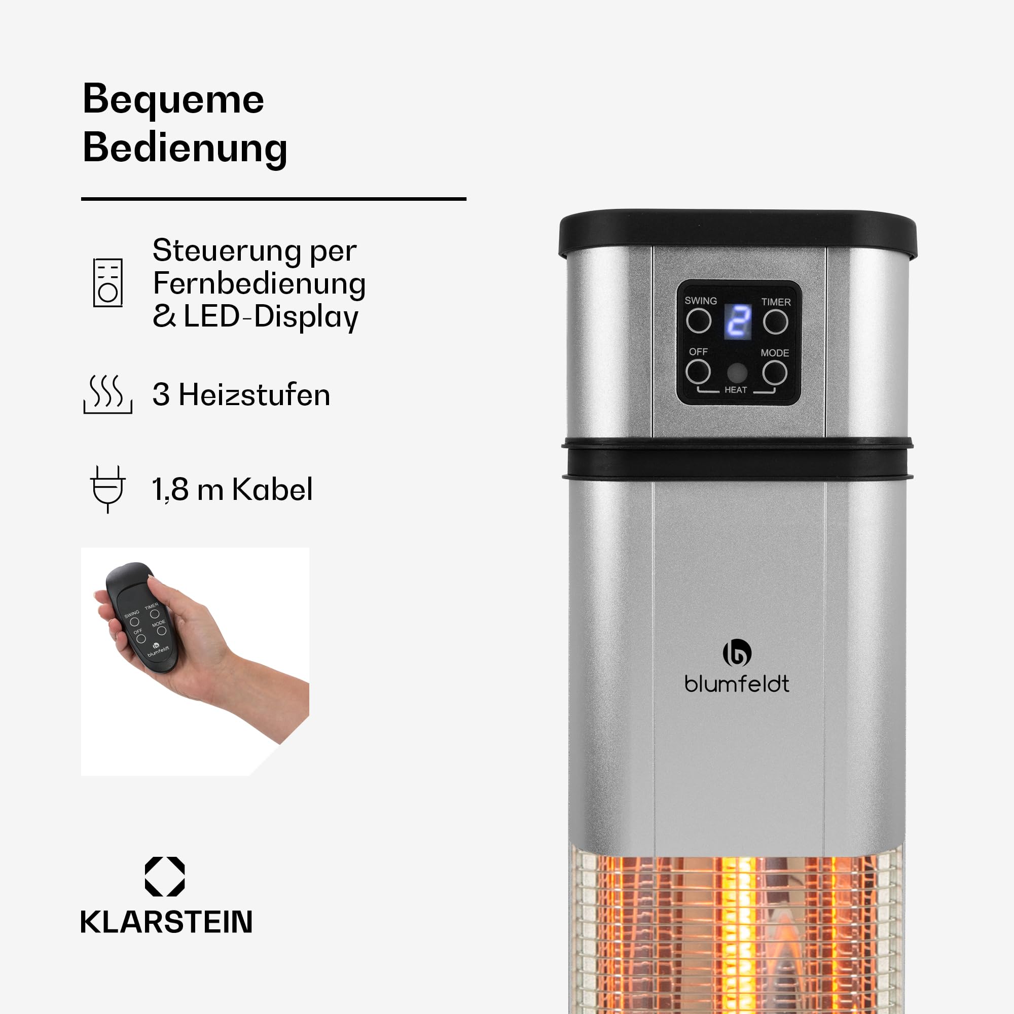 blumfeldt Heat Guru Plus Standheizstrahler - Stand Heizstrahler mit 2000 W Leistung, 3 Heizstufen, Infrarotstrahler mit Timer, 60° Oszillation, Carbon-Heizelement, Fernbedienung, Edelstahl, Silber