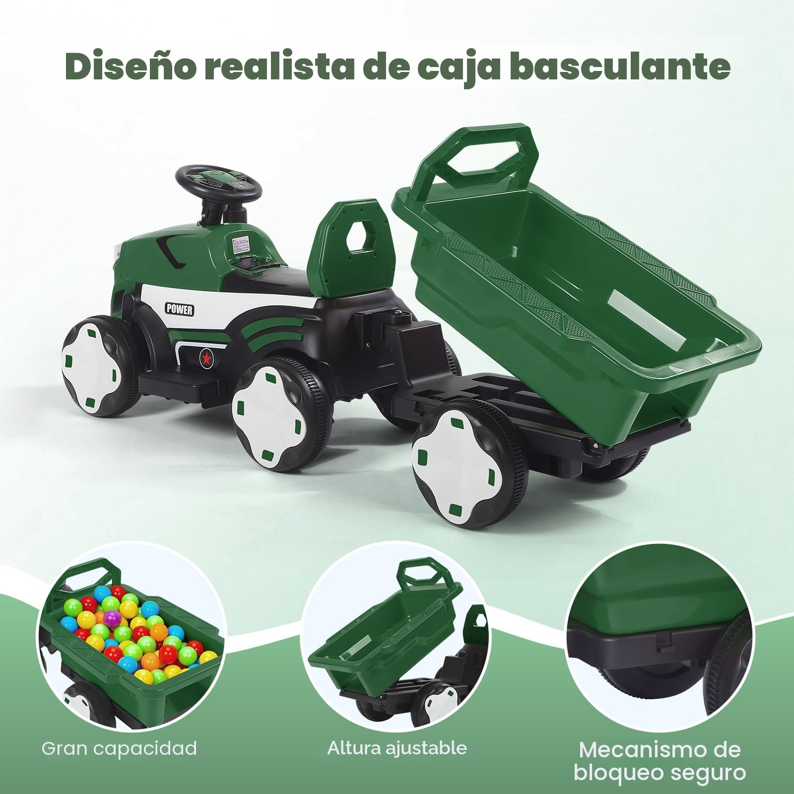 Tractor eléctrico con Remolque, Tractor Infantil con Control Remoto, Luces LED, música, Funciones USB, Capacidad de Carga: 50 kg, para niños a Partir de 1-3 años (Verde Tractor)