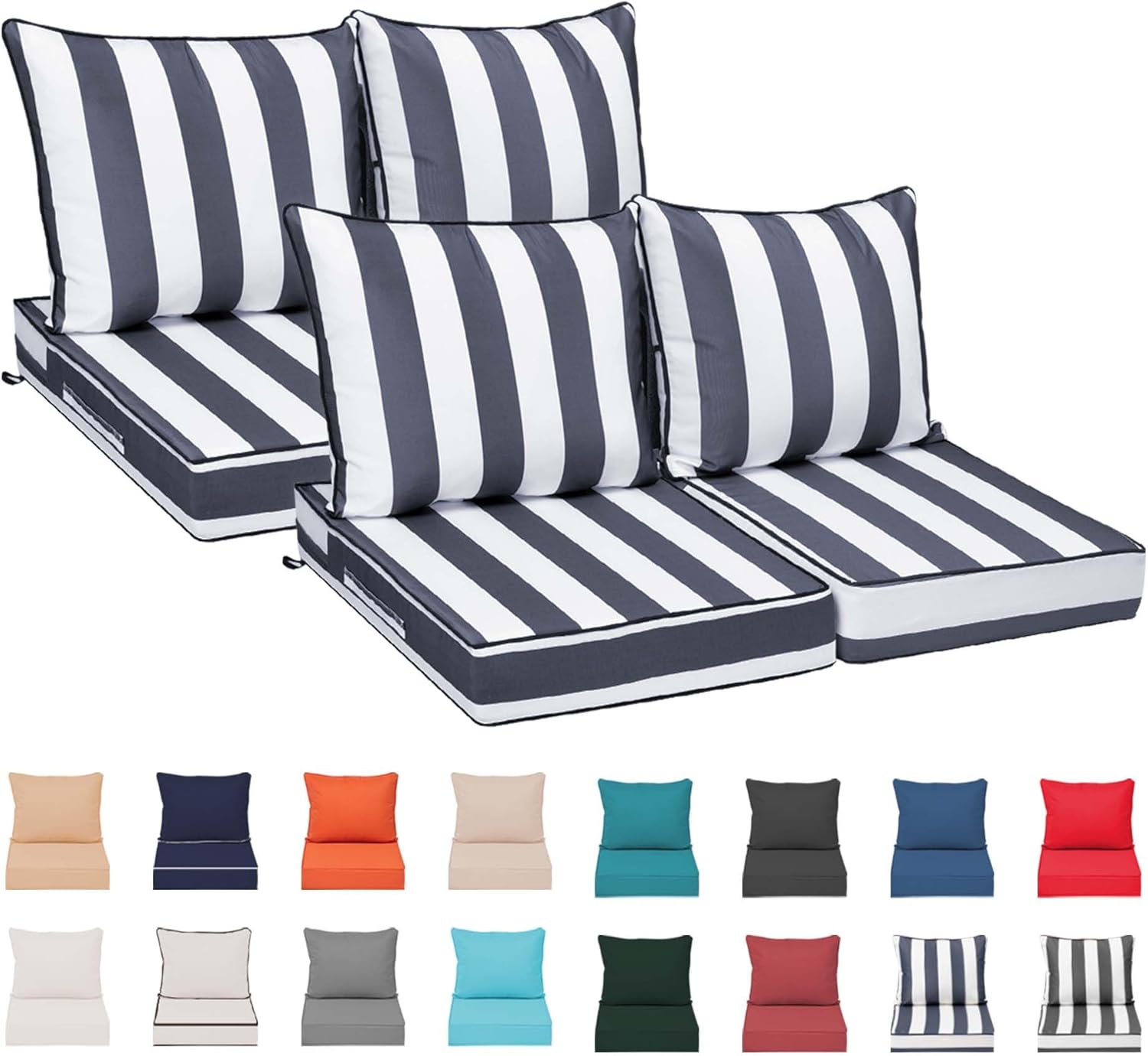 Waterproof Outdoor Patio Chair Cushions Set of 2, 24x24x5'' Deep Seat Cushions for Outdoor Furniture w/ Fade Resistant Removable Cover,Ties & Handle for Outside Chair Sofa Couch,Navy Blue+White Pipes