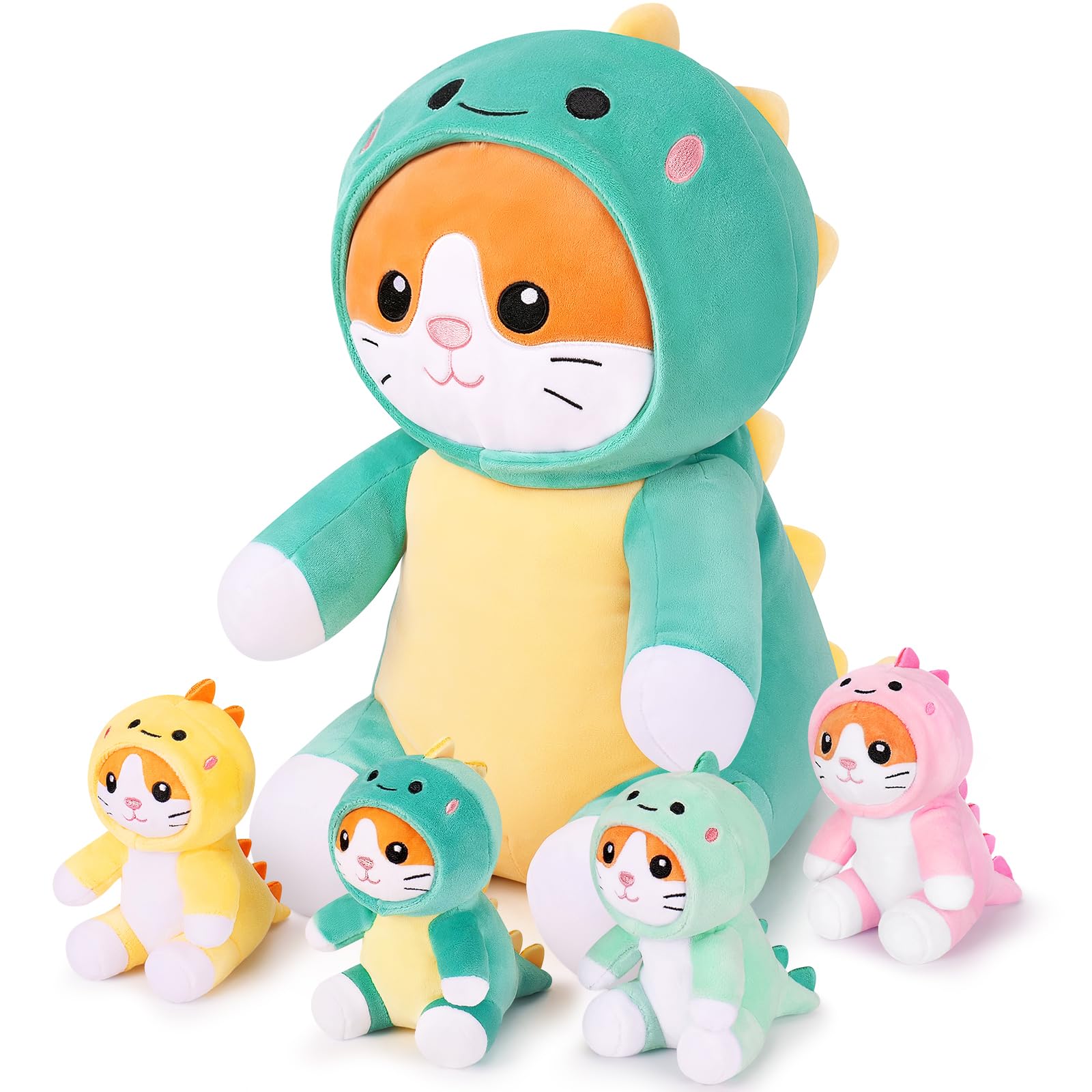 5pcs Stuffed Cat Plush Stuffed Animals Cat Cosplay Stegosaurus Plush Mommy with 4 Baby, Simulation Animal Dinosaur Mommy Plushies Cuddly Toy Hugging Pillow Soft Gift for Birthday New Year Christmas