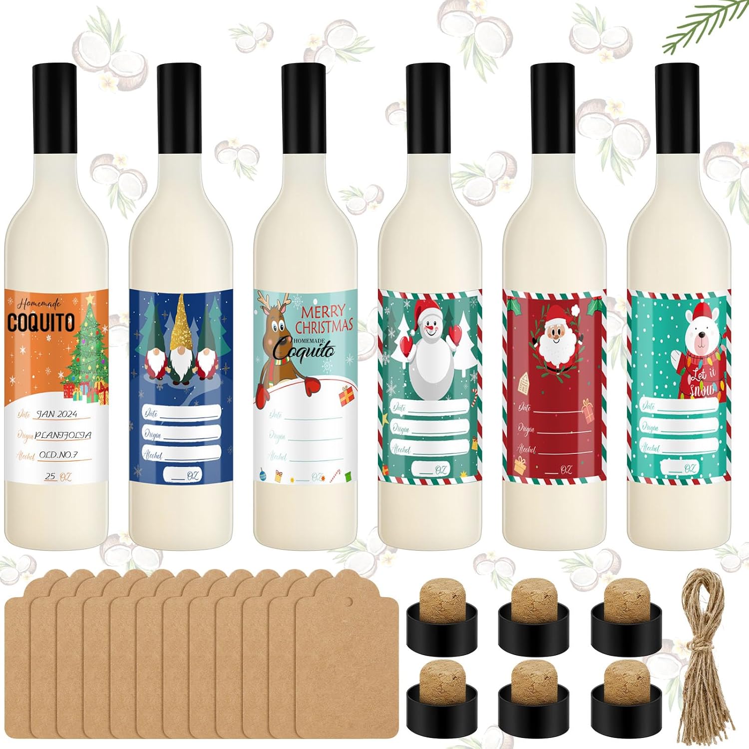 6 Set Coquito Bottles 25 oz Christmas Glass Bottles Brewing Bottles for Homemade Coquito with Christmas Writable Label Stickers Twine Wine Bottles with Airtight Cap for Home Party Milk Eggnog
