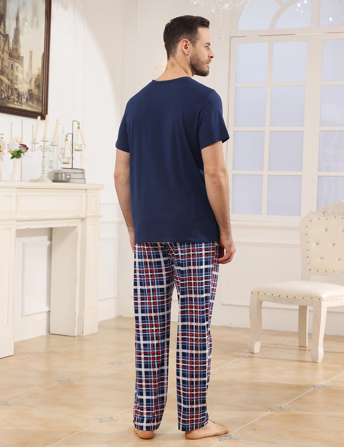 Mens Pajamas Set Cotton Short Sleeve and Plaid Long Pants 2 Piece Loungewear Sleepwear with Pocket - Image 3