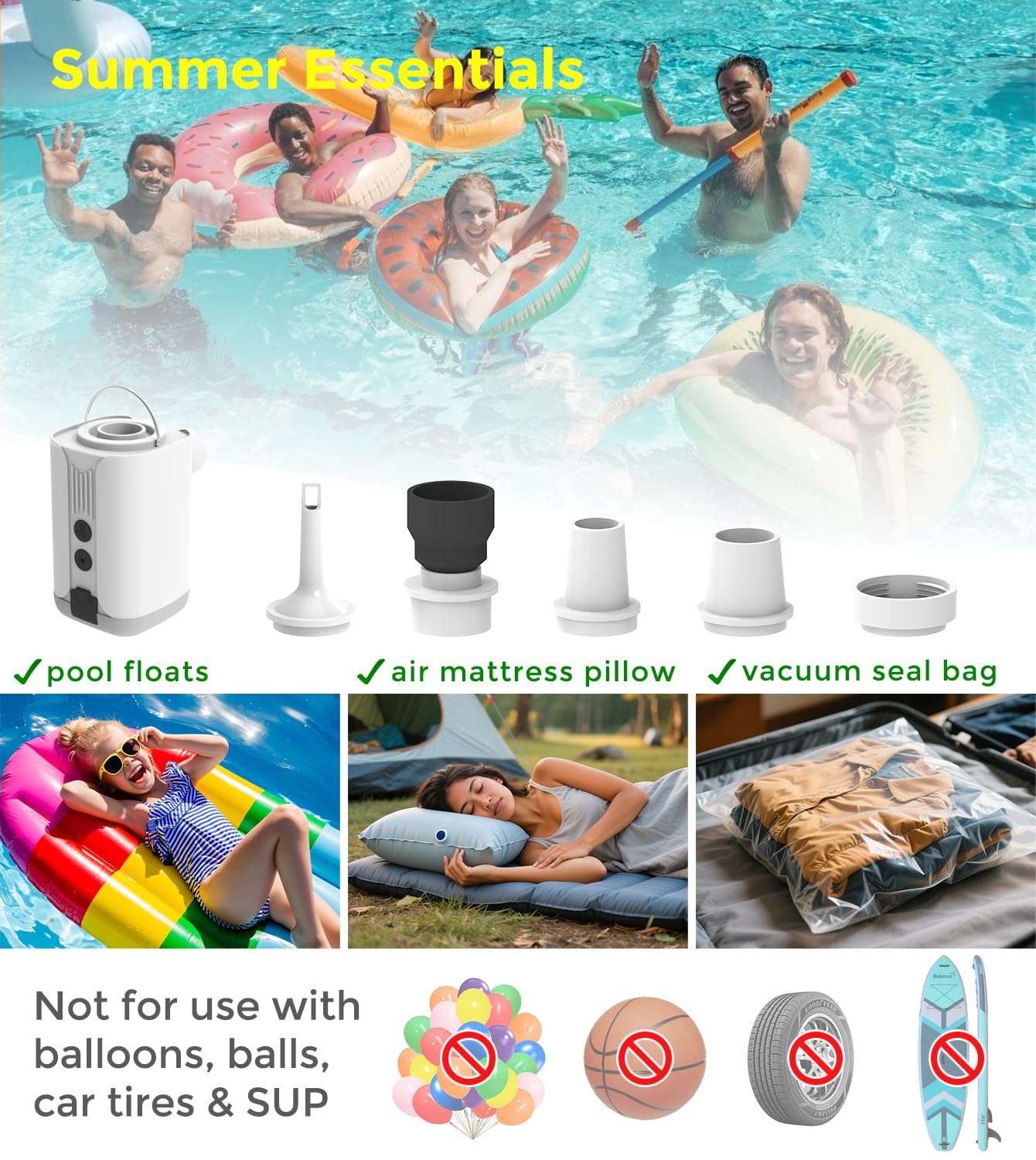 Pompa ad aria portatile per gonfiabili, senza fili, ad alta potenza, ricaricabile, mini pompa per gonfiare/sgonfiare materasso, materassini, galleggianti per piscina, ecc. 3 in 1 con lanterna da