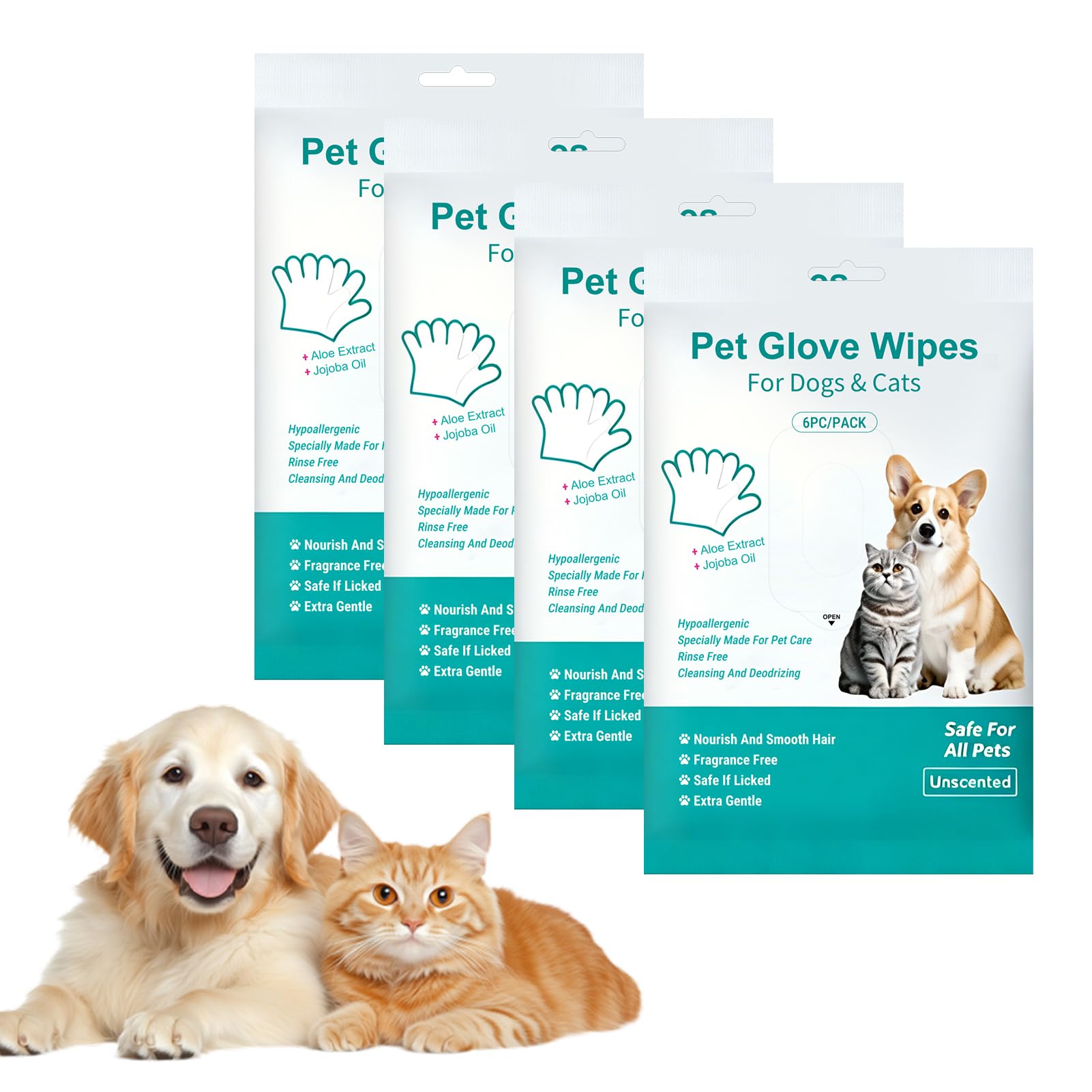 24 PCS (4x6) Pet Glove Wipes, Waterless Bath for Dogs & Cats Deep Cleaning with Double-Sided Pearl Texture – Odor Removal for Pets, Individually Wrapped Cleaning Wipes for Daily Care and Traveling