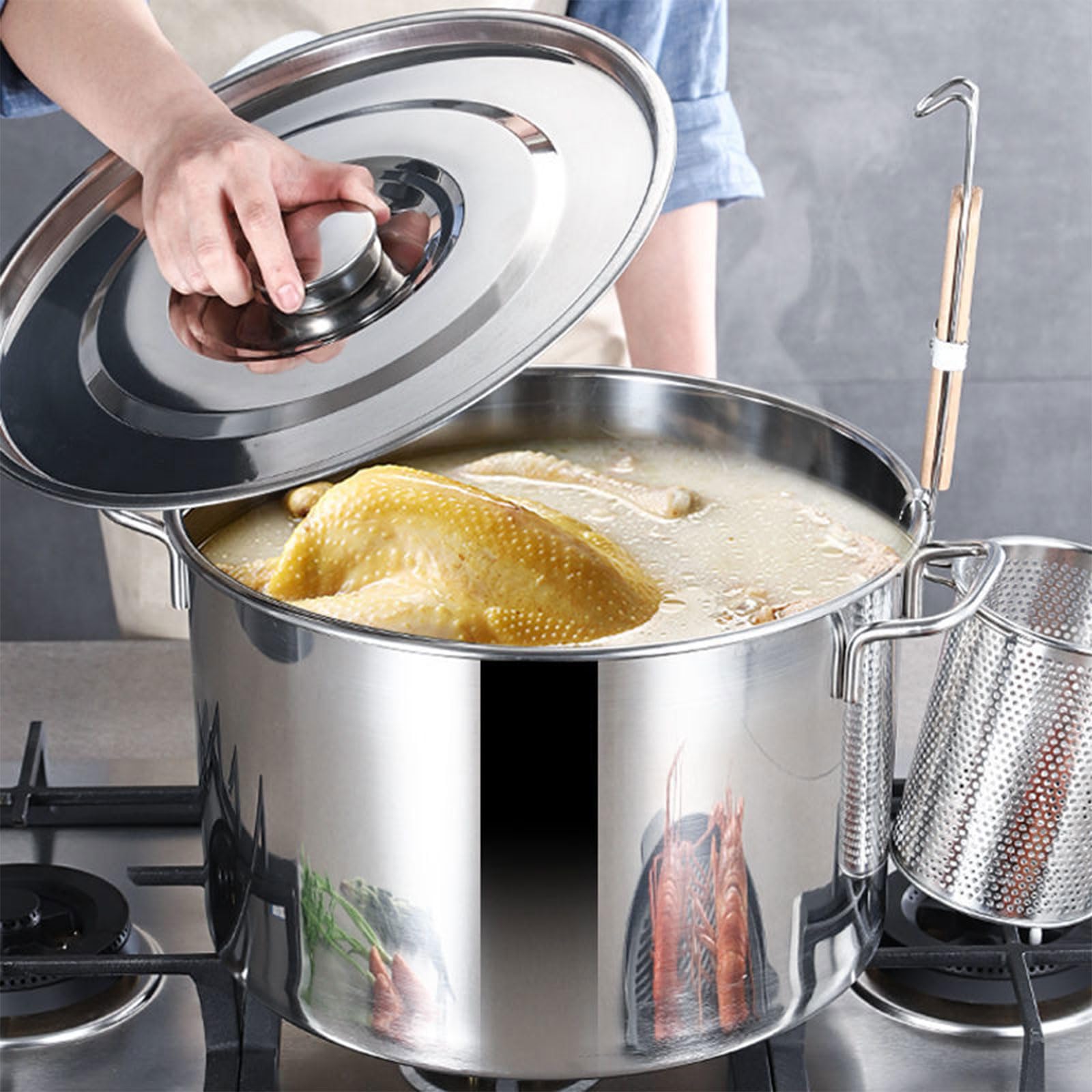 Grande pentola per zuppa in acciaio inox con coperchio, capacità 6 L 90 L, pentola da cucina resistente per uso professionale per cucina ristorante, catering e servizio alimentare