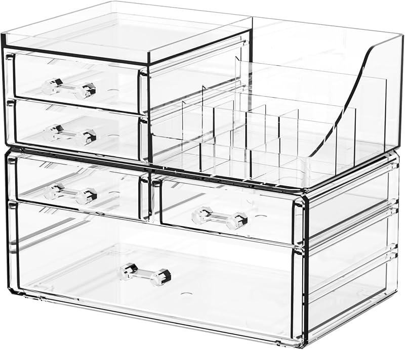 Organizador de maquiagem SuoXing em acrílico transparente com 5 gavetas, Pacote com 2