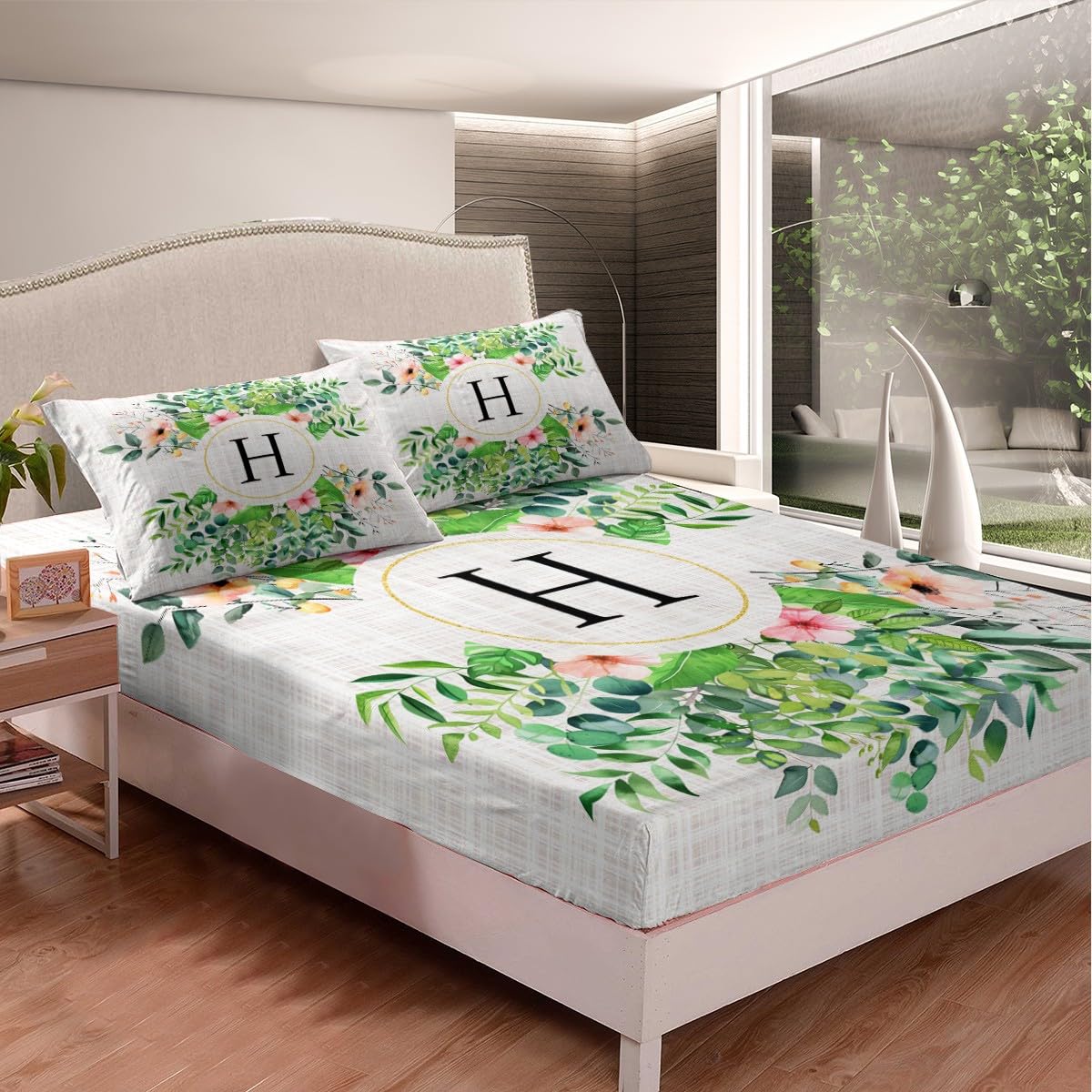 Initial Letter H Fitted Sheet Twin Size 2 Pcs,Natural Wild Green Leaves Decor Bedding Sets for Kids Teens Adults,Watercolor Flowers Plants Rustic Style Bed Cover with 1 Pillowcase(No Flat Sheet)