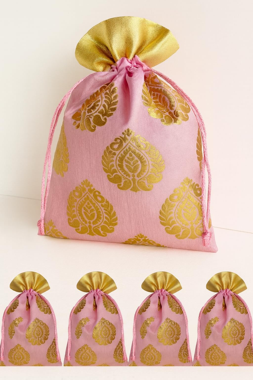 Abhaas 10PCS Drawstrings Potli Bag for Gifting | 23X18CM | for Ladies Wedding, Party Bag Potli Leaf Print for Women Kitty Parties Reusable Return Gift Purpose, Shagun Pouch, Candy Bags