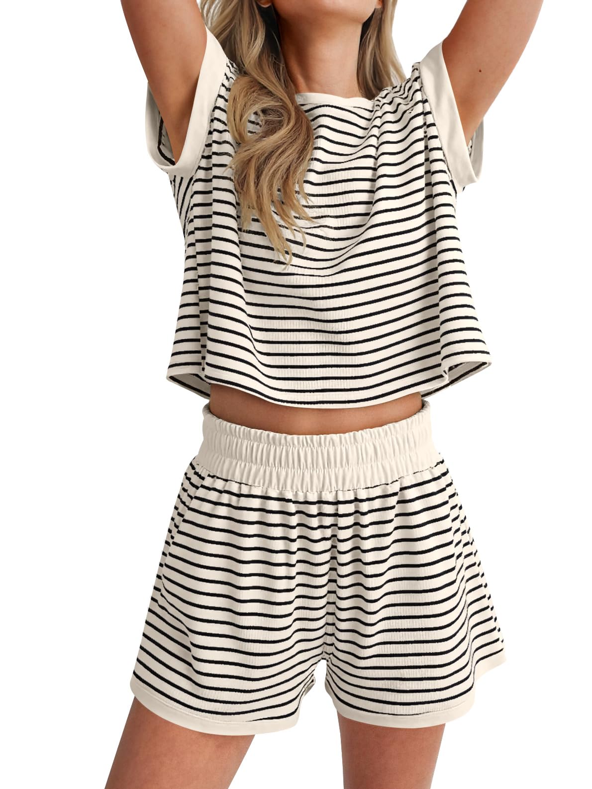 ANRABESS Womens Pajama Sets Striped 2 Piece Lounge Shorts PJ Set Short Sleeve T Shirts 2026 Casual Summer