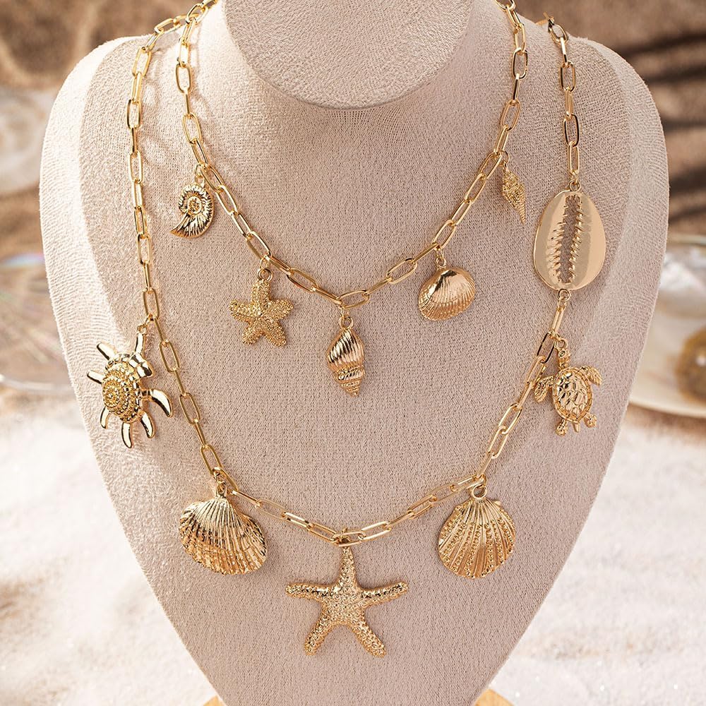 Gold Boho Layered Shell Necklace for Women Bohemian Starfish Turtle Conch Pendant Charm Necklace Double Layer Beachy Ocean Jewelry for Summer Vacation - Image 6