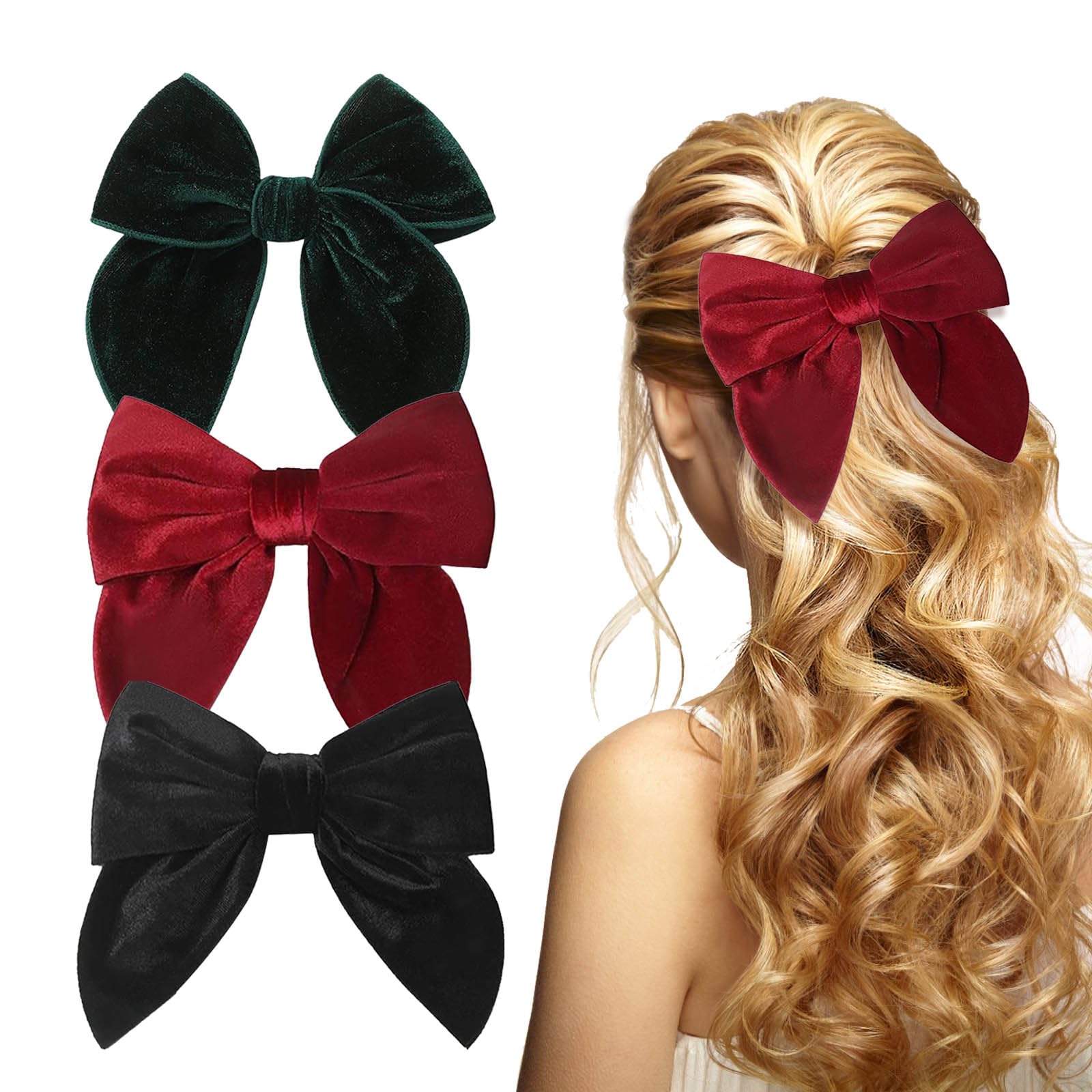 3 Pcs Large Christmas Fable Hair Bows, Handmade Fall Velvet Hair Bows, 5.31inch Large Velvet Ribbon Alligator Hairpins, Christmas Hair Accessories for