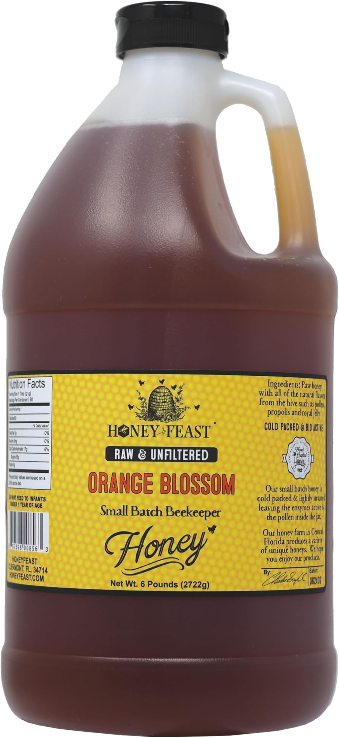 - HONEY FEAST 6 Pounds Raw Orange Blossom Honey - All Natural, Unfiltered, Unheated, From Oranges, Perfect for Sweetening & Baking