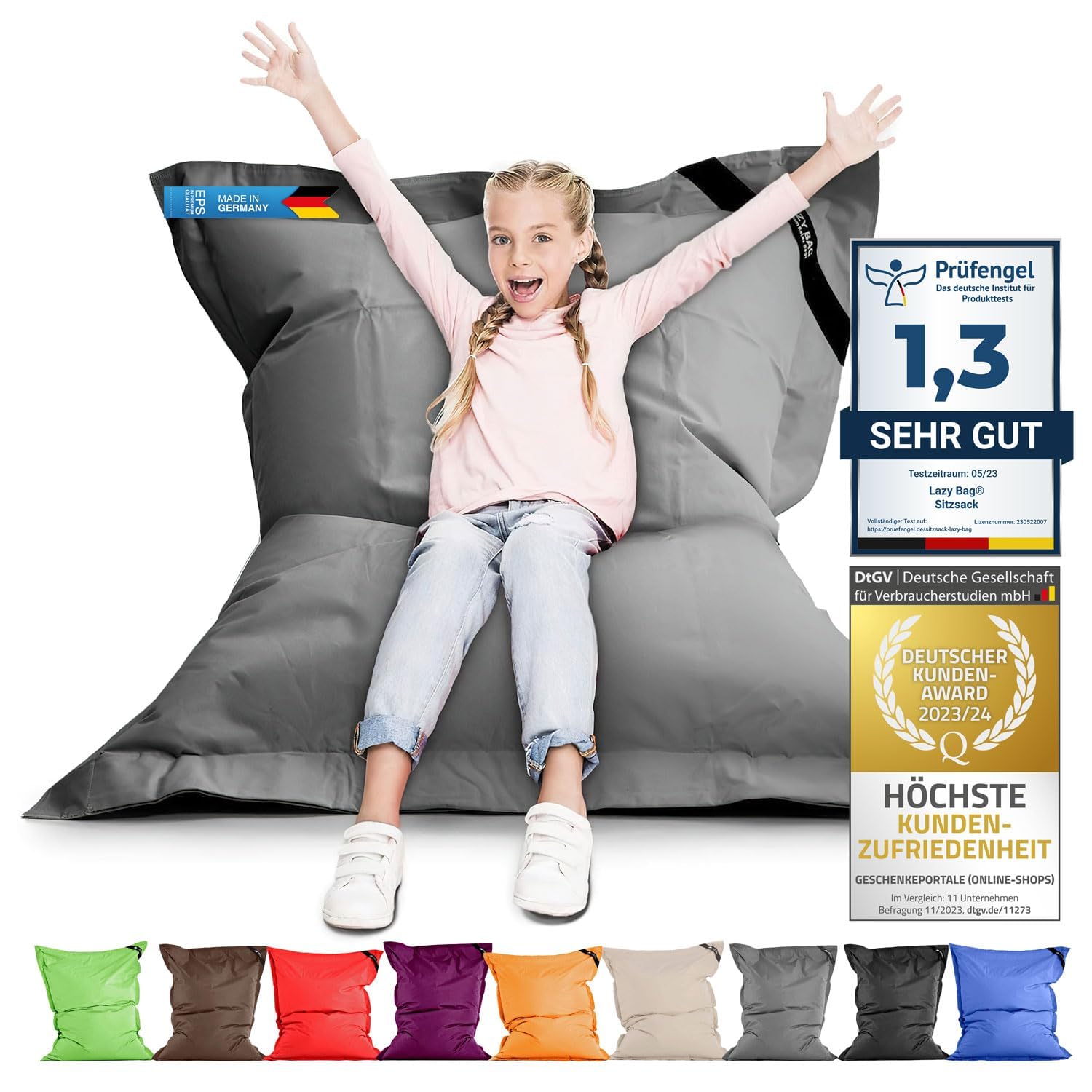 Lazy Bag Original Beanbag de Interior y Exterior XL 250 litros de beanbag Gigante Cojín de Asiento Infantil Sillón para niños y Adultos 160x120 (Gris)