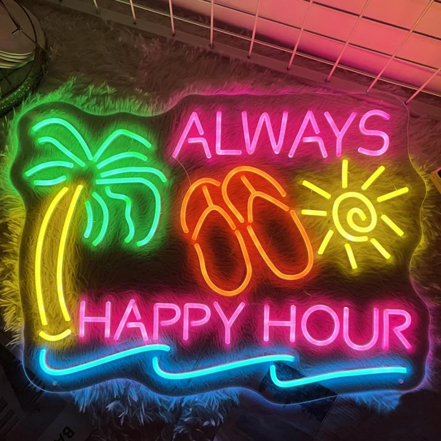 Always Happy Hour Neon Sign Palm Tree Sun Tiki Bar Light Up Signs for Wall Decor Beach Bar Home Bar Decoration Size: 20inches