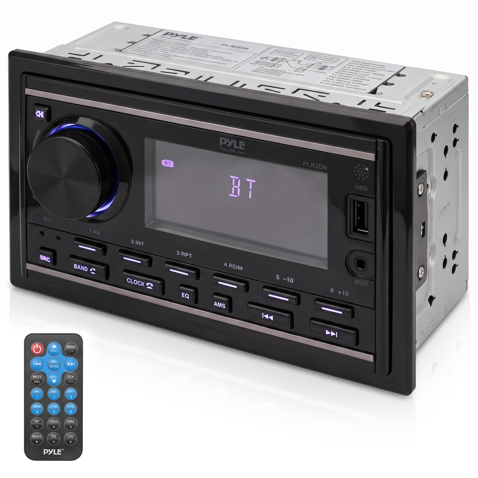 Pyle Bluetooth Stereo Receiver - Double DIN Car Stereo Power Amplifier - Hands-Free Calling, LCD, AM/FM/MP3/BT/USB/AUX - Remote Control, Wiring Harness - Pyle PLR2DN