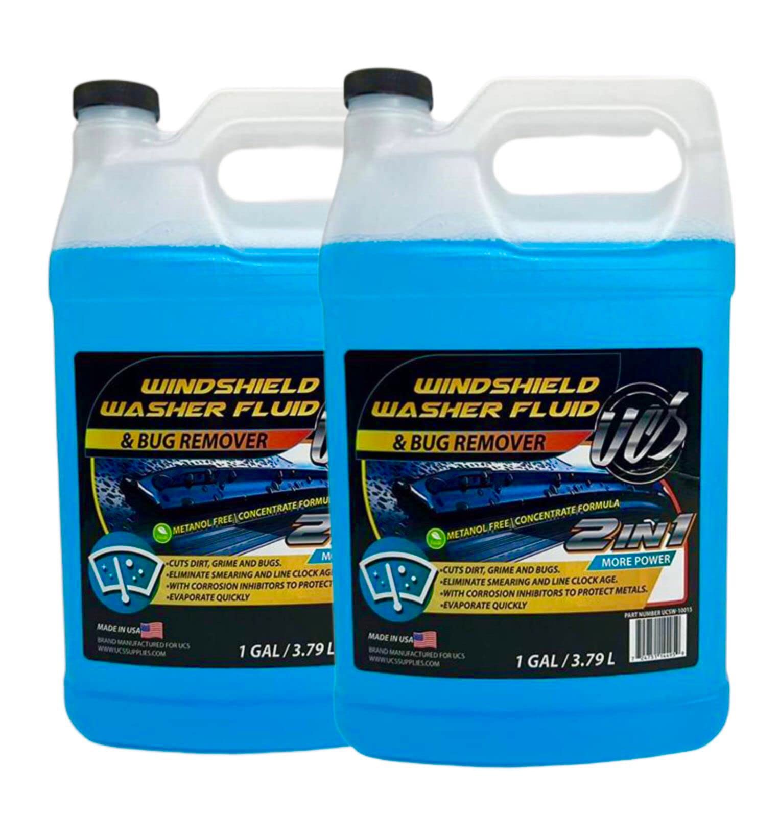 UCS 2-in-1 Windshield Washer Fluid 2-Pack (1 Gallon Each, 256 fl oz Total) – Ready to Use, Streak-Free Formula, All-Weather Cleaning, Removes Bugs, Dirt &amp; Road Grime – Premium Windshield Cleaner
