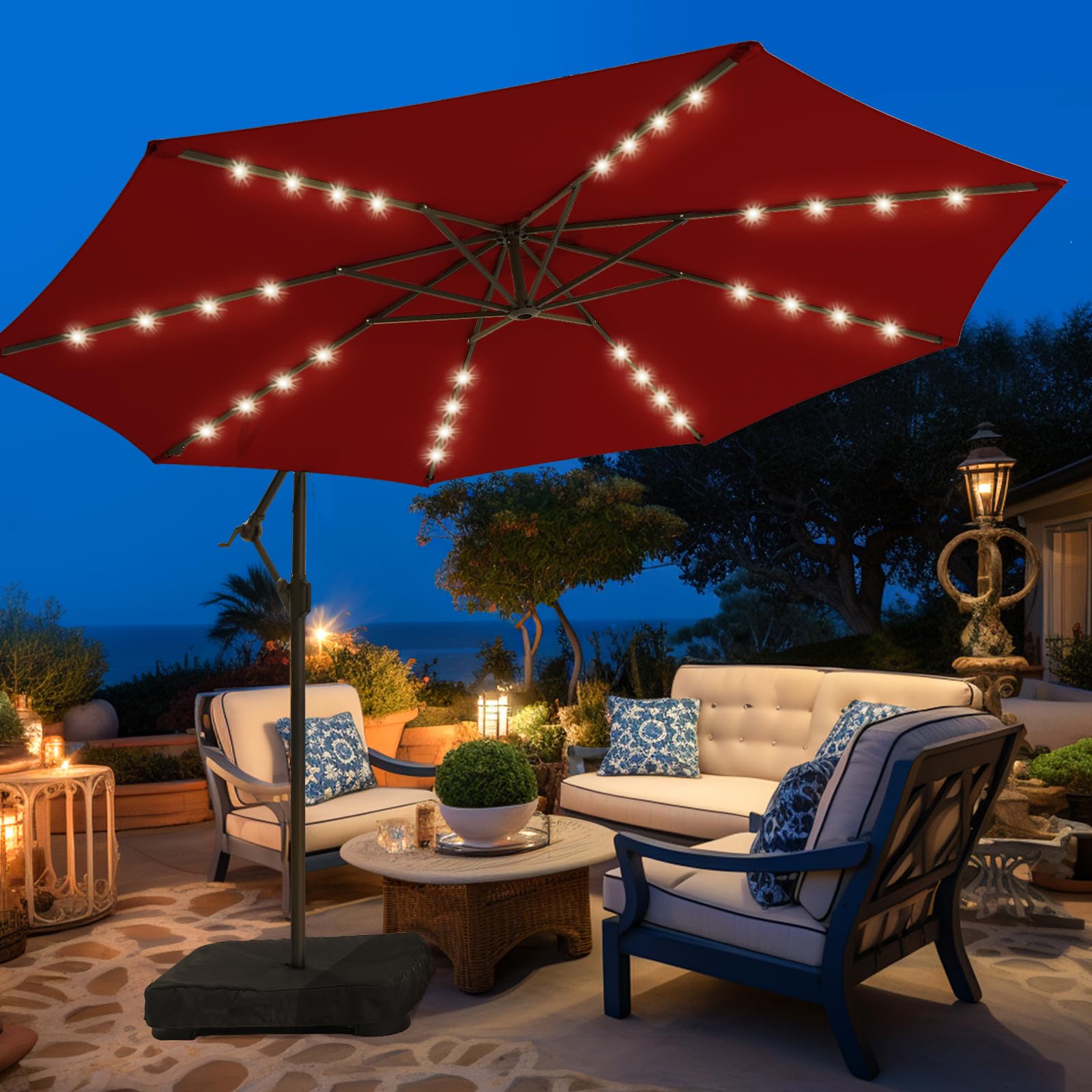 wikiwiki 10FT Solar Patio Offset Umbrella Outdoor Cantilever Umbrella Hanging Umbrellas with Weighted Base, Market Patio Umbrella for Backyard, Garden & Deck (Burgundy)