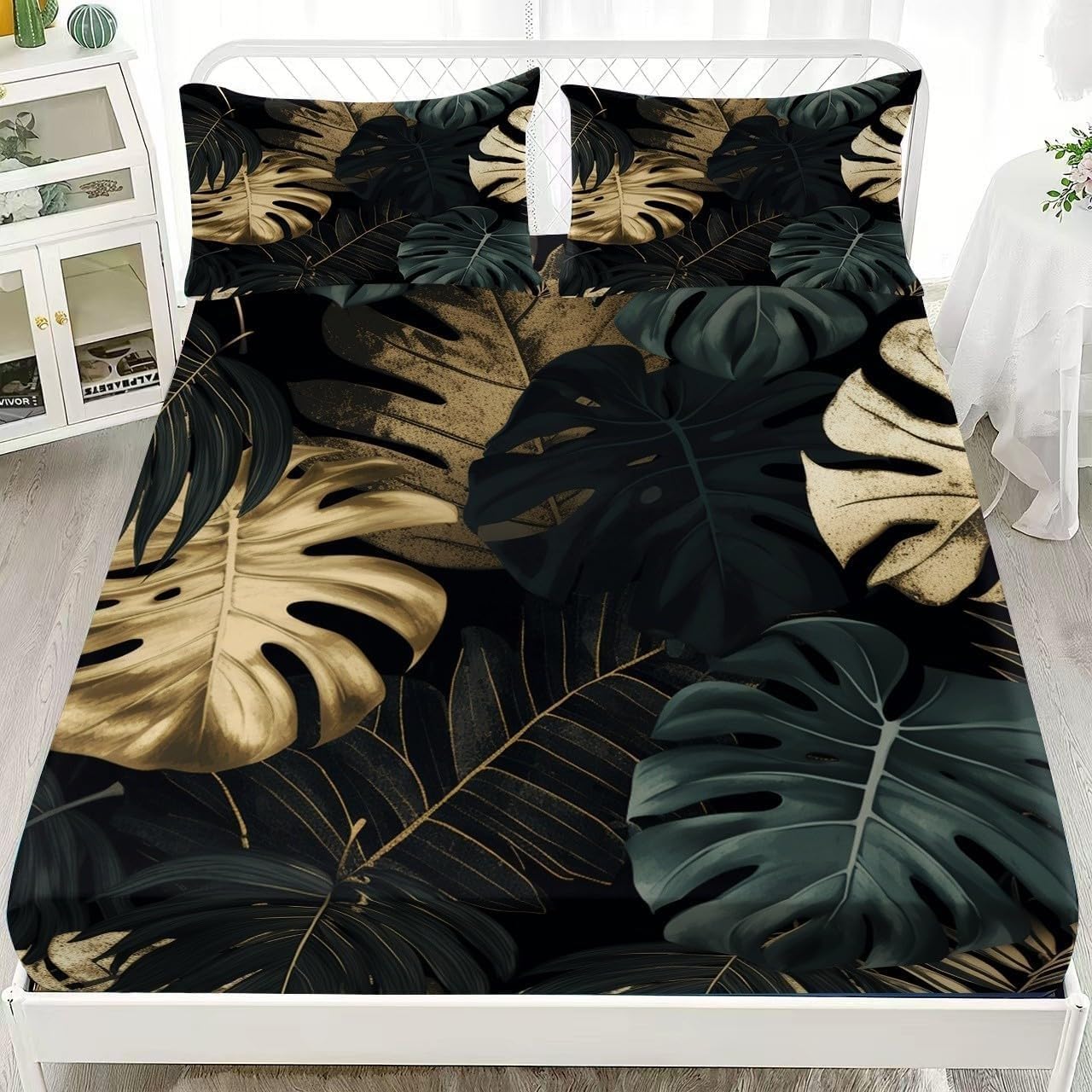 Plants Fitted Sheet Leaves Bed Sheets Deep Pocket 12 inch (30 cm) Soft Cozy 3 Piece Microfibre Bed Sheet 200x200 cm with 2 Pillowcases 50x75 cm