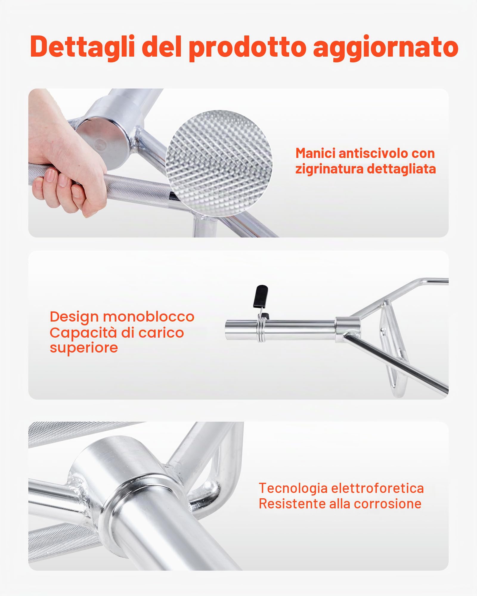 VEVOR Barra Manubrio Esagonale con Impugnatura Antiscivolo per Allenamento 50 mm Capacità Carico 360 kg, Attrezzatura per Sollevamento Pesi Allenamento della Forza, da Palestra per Squat, Argento