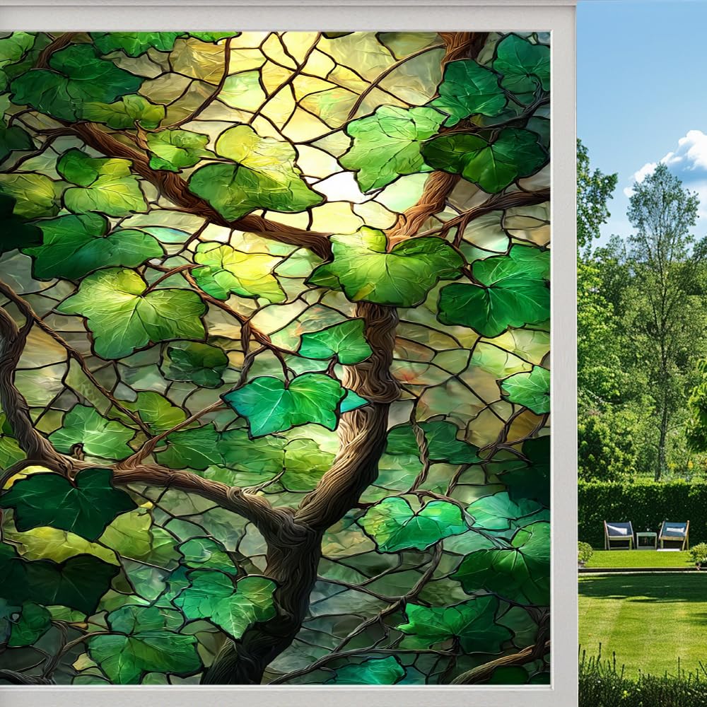Colorful Leaves Stained Glass Window Film, Abstract Tree Plant Peel and Stick Privacy Film, Frosted Adhesive Vinyl Decorative for Bathroom Windows Glass Doors, （90x140cm）