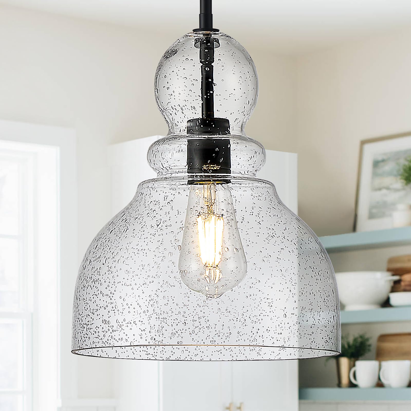 10" Seeded Glass Pendant Lights Kitchen Island Black Pendant Ceiling Light with Hand-Blown Clear Glass Over Dining Table Kitchen Sink Entryway Hallway, E26