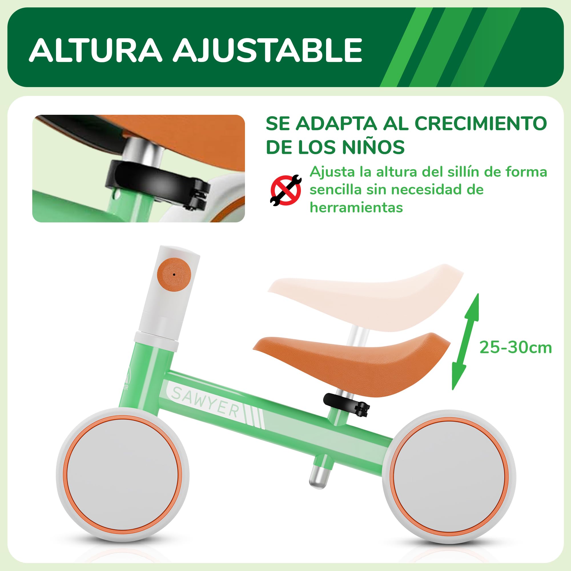 Sawyer Bikes - Correpasillos Bebe con Sillín Ajustable - Juguete Niños 1 Año (Retro V2)