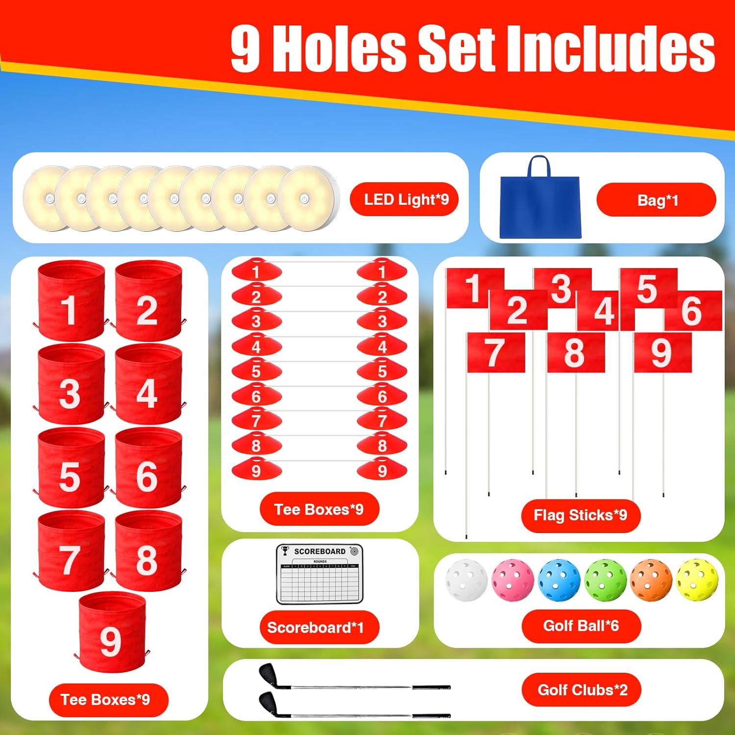 9 Holes Backyard Outdoor Golf Games with 2 Adjustable Clubs and 9 LED Light, Lawn Golf Game for Adults to Practice for Camping,Party,Backyard,Beach