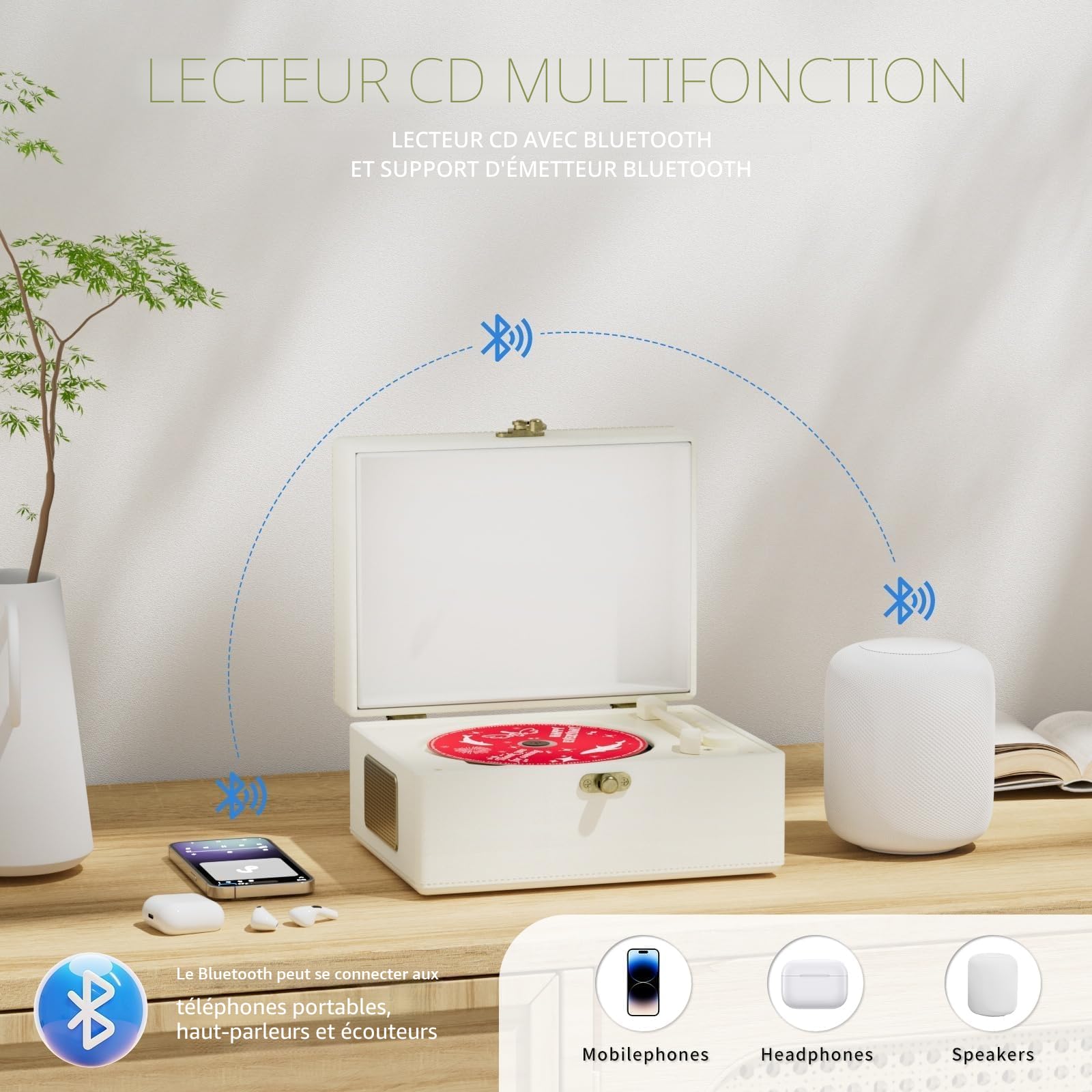 Lecteur CD en Cuir Rechargeable avec Haut-parleurs, transmetteur Bluetooth, Cadeau Festival, Lecteur BGM pour décoration d'intérieur