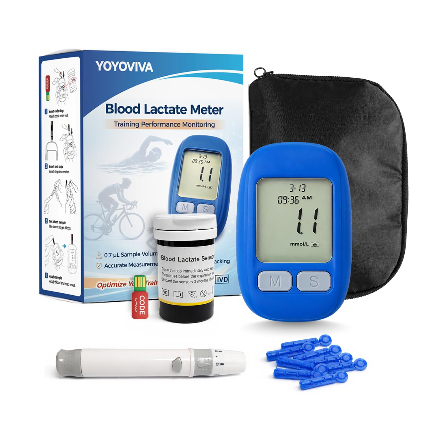 Lactate Meter for Athletes Small Sample Fast Result Portable Lactic Acid Tester for Sports Performance Training Includes 24 Test Strips Lancets