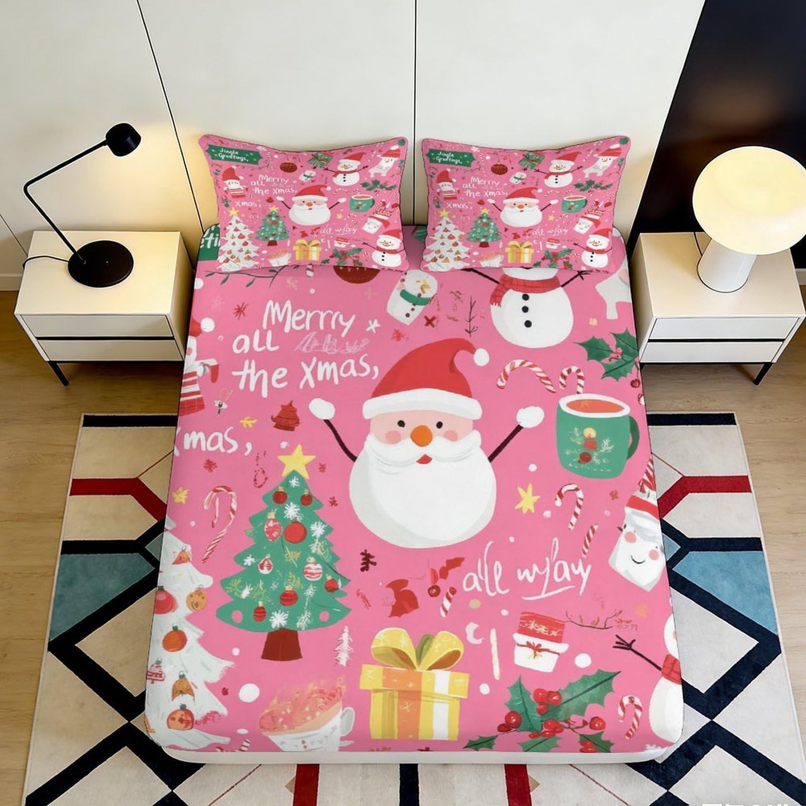 Dhbaneiok Style-9 3D Printed Christmas Santa Fitted Sheet Microfiber Pink Tree Bed Sheet For Bedroom Guest Room Mattress Protection 90X200x25cm