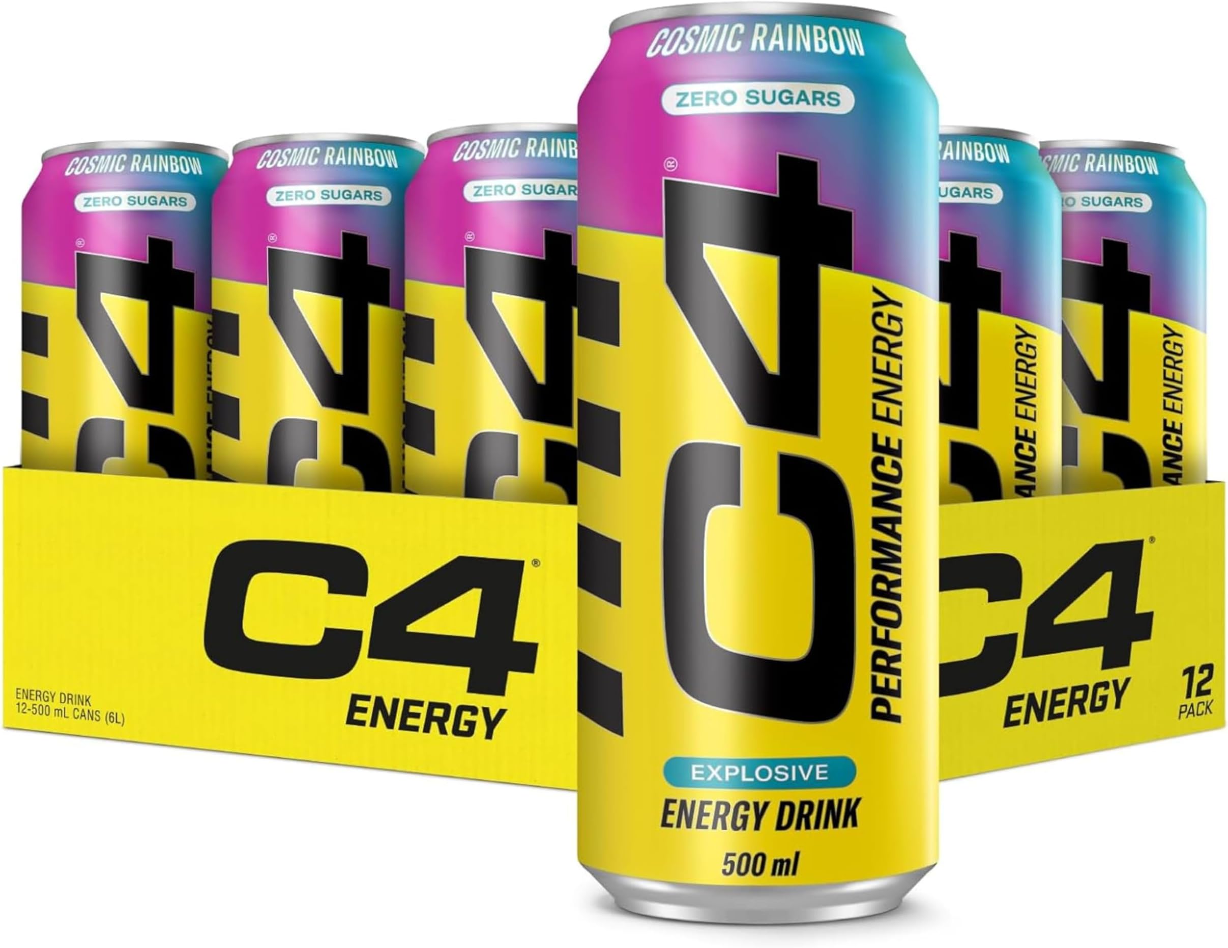 Cellucor C4 Performance Energy Pre-Workout Carbonated Drink with Beta-Alanine, Zero Sugar, Cosmic Rainbow Flavor, 500ml Pack of 12