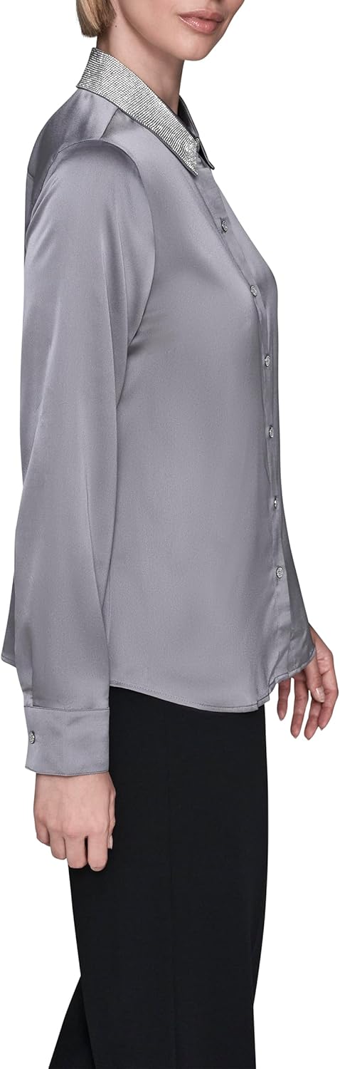Karl Lagerfeld Womens Long Sleeve Collared Neck Crystal Collar Elevated Button Down - Image 2