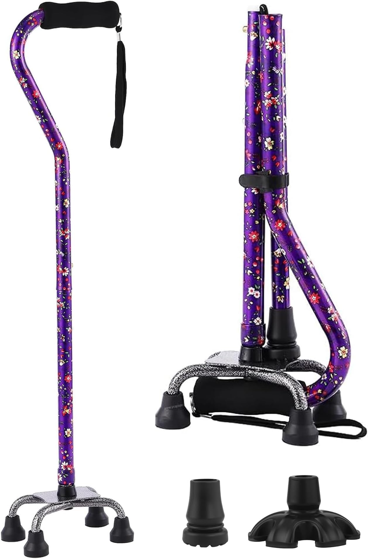 - Floral Quad Cane for Women, Adjustable Walking Canes with 3-in-1 Interchangeable Base(3 Tips) for Versatile Support, Stylish & Stable Mobility Aid for Seniors Confidence
