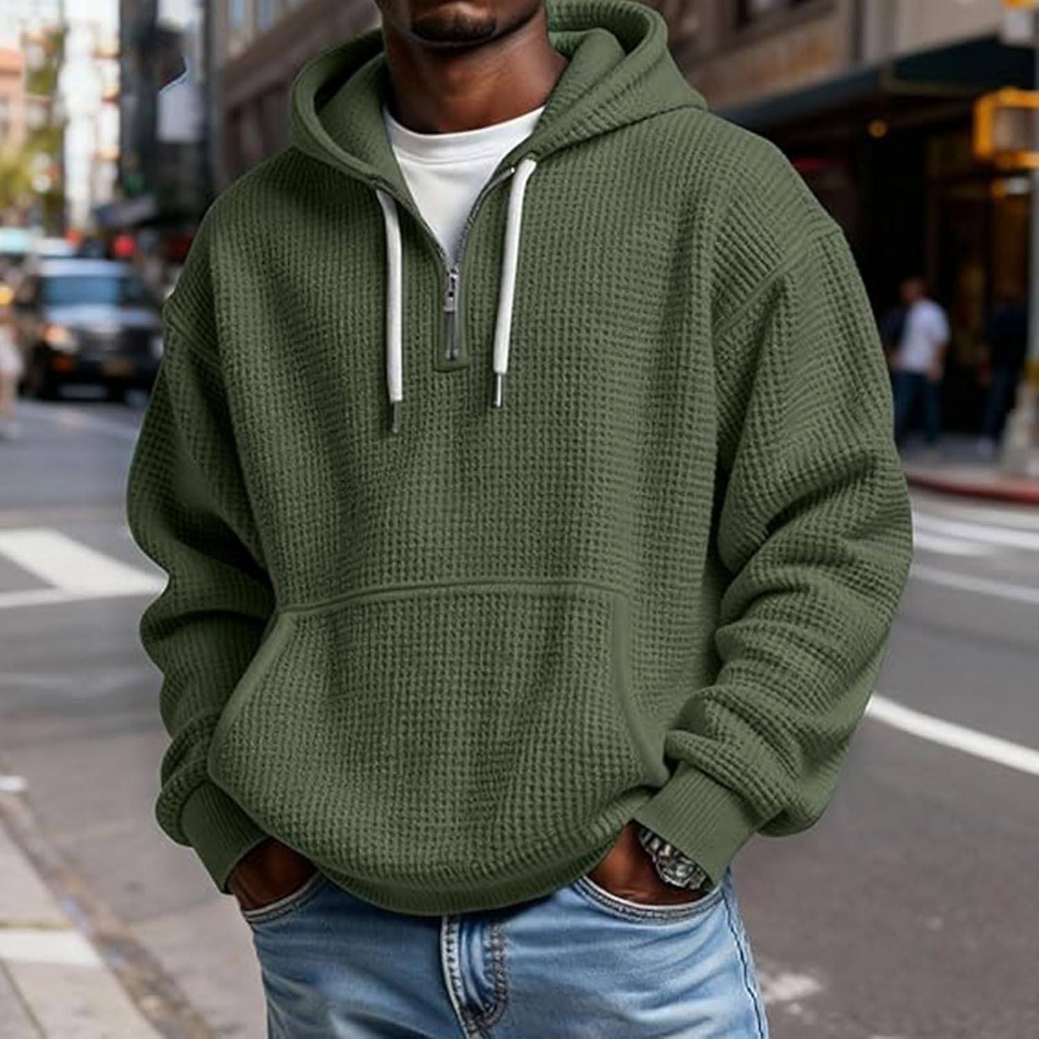Cambkatl Men's Quarter Zip Waffle Hoodies - Workout Loose Pullovers Long Sleeve Athletic Casual Sweatshirt Tops
