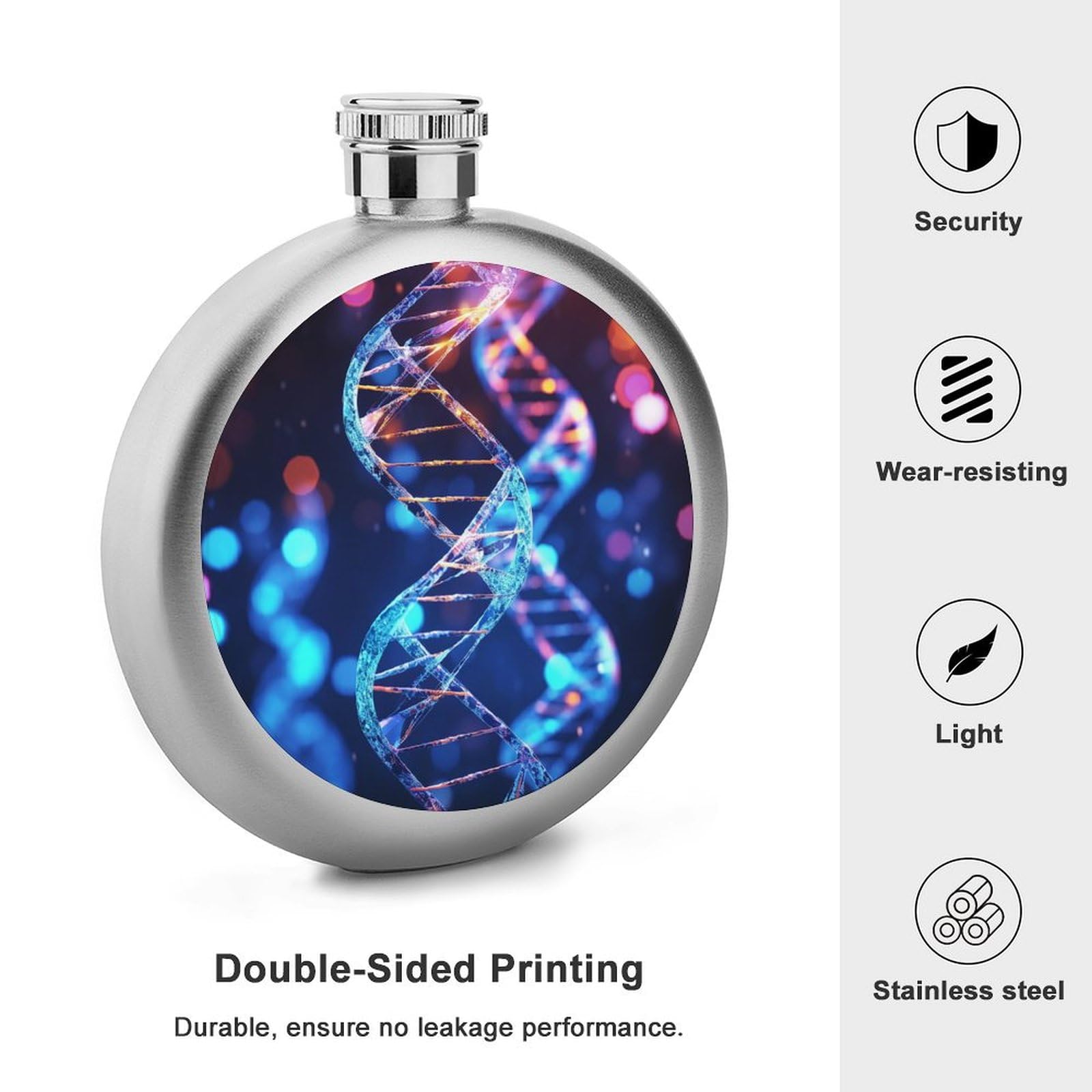 Stainless Steel Wine Bottle Liquor Container DNA Genetic Helix Print Leak Proof Hip Flask Durable for Camping Hiking Travel Festivals