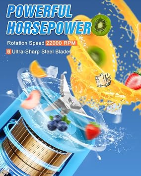 Portable Blender for Shakes and Smoothies,6 Blades Juicer Cup for USB Rechargeable,Personal Blender with One Touche Operation,Blender Shake Smoothie for Kitchen,Travel and Sport, Blue