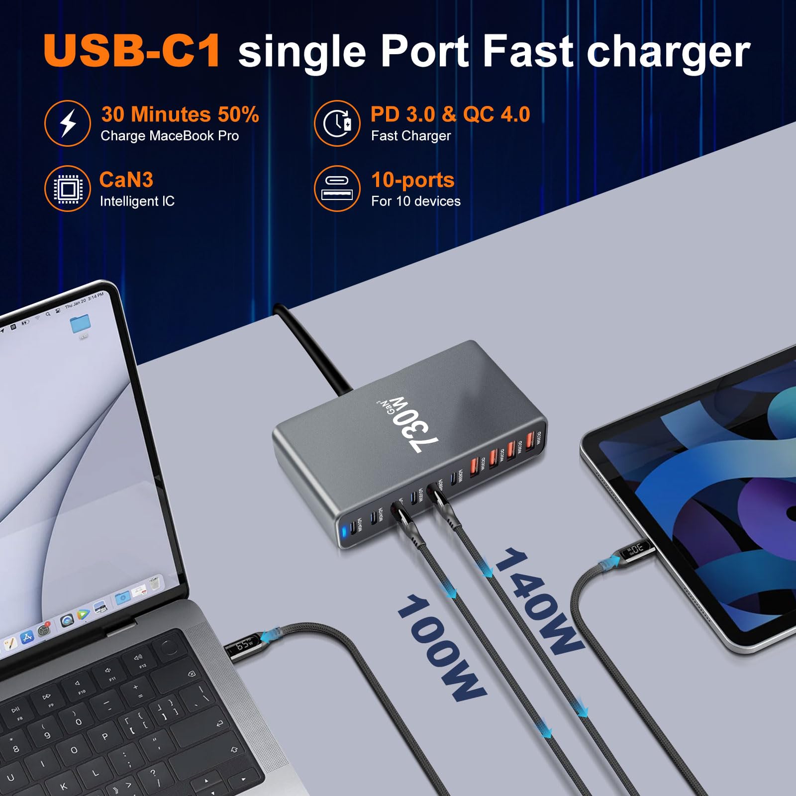 Chargeur USB C 730 W, multiple, 10 ports, station de charge rapide avec bloc d'alimentation 6 -C et 4 A pour MacBook Pro/Air, iPad Pro/Air, Samsung etc