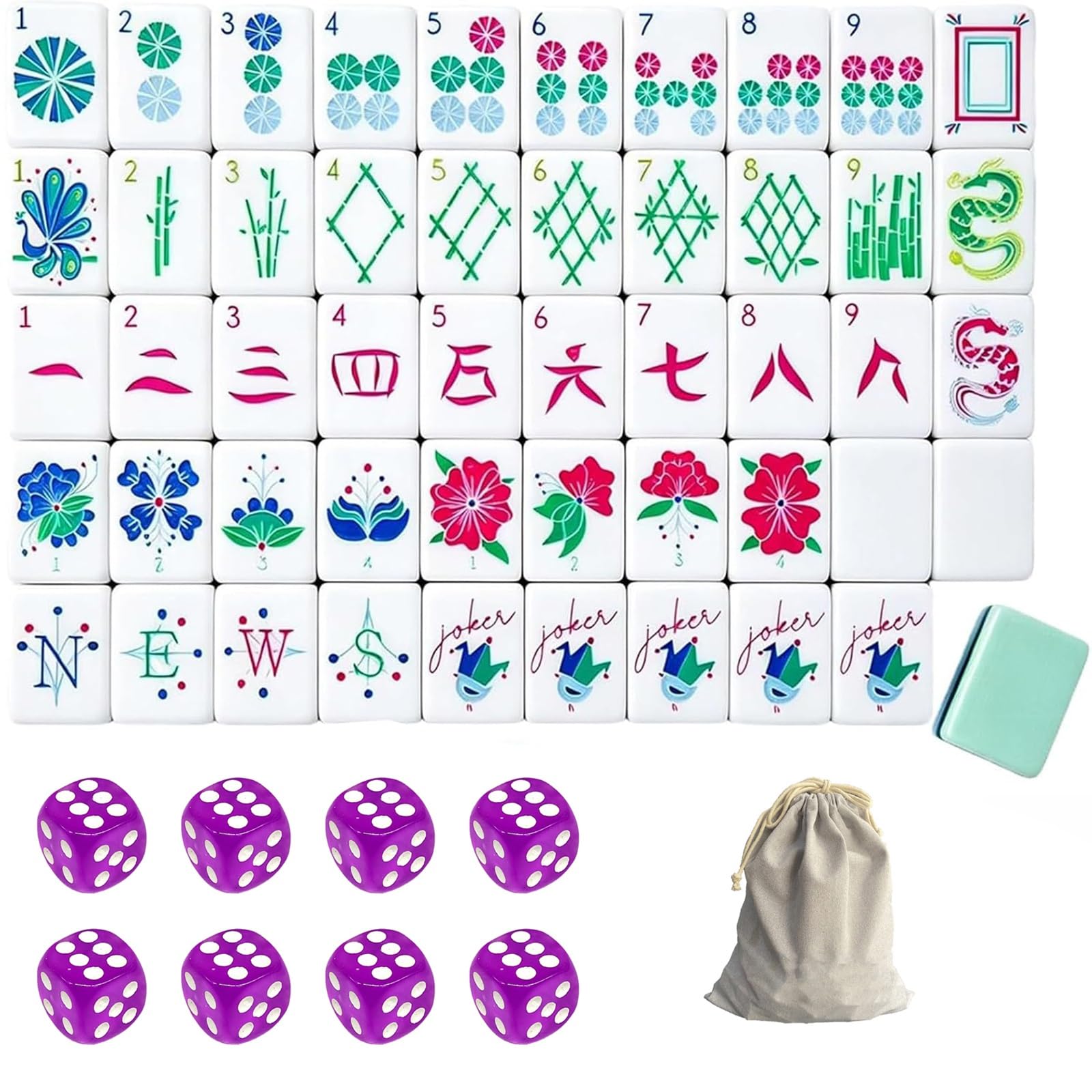 4-warstwowy akrylowy zestaw madżonga 160 płytek - amerykańska gra podróżnicza z przezroczystą torbą do przenoszenia kości 10 kolorów(Mint Green)