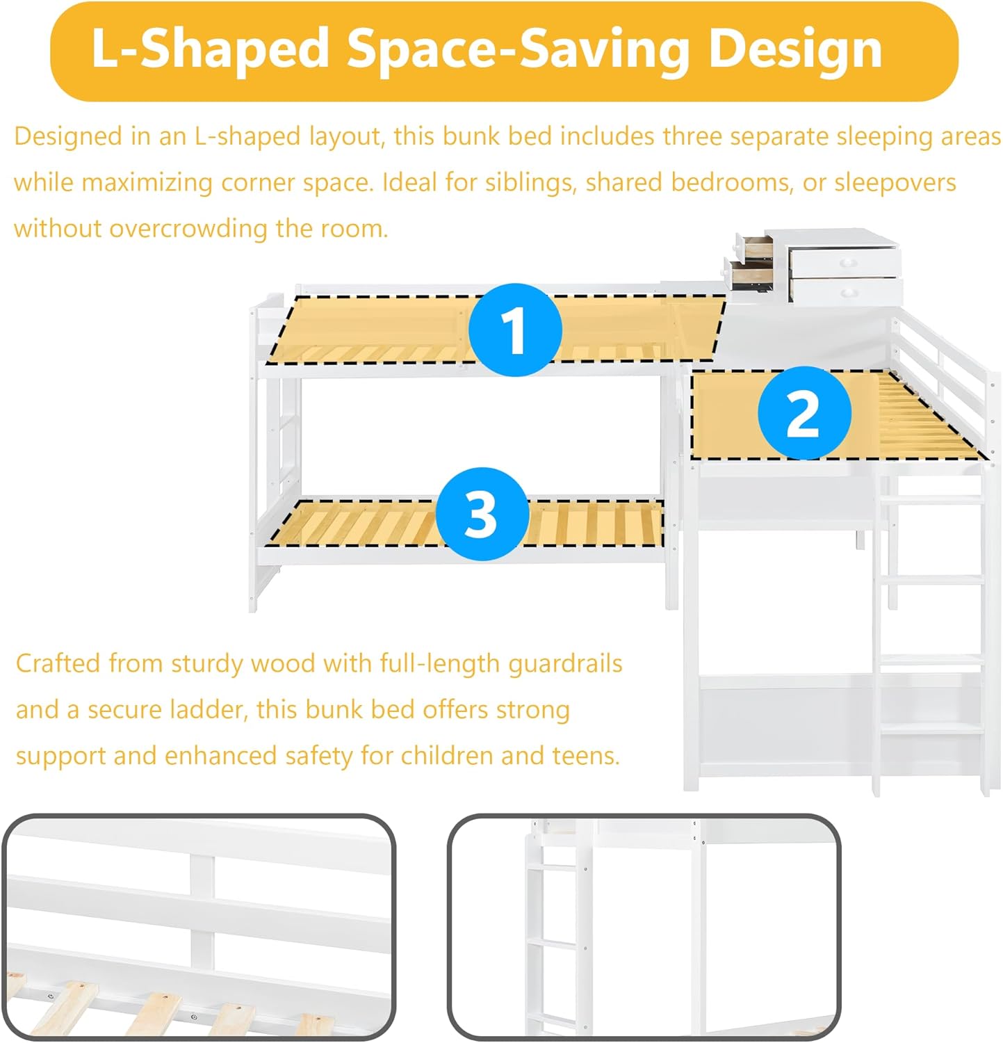 Harper & Bright Designs Twin Size L-Shaped Bunk Bed with Built-in Desk, 4 Drawers, USB Ports & Power Outlet, Space-Saving Triple Sleeper for Kids, Teens, Durable Wood & MDF Frame, White