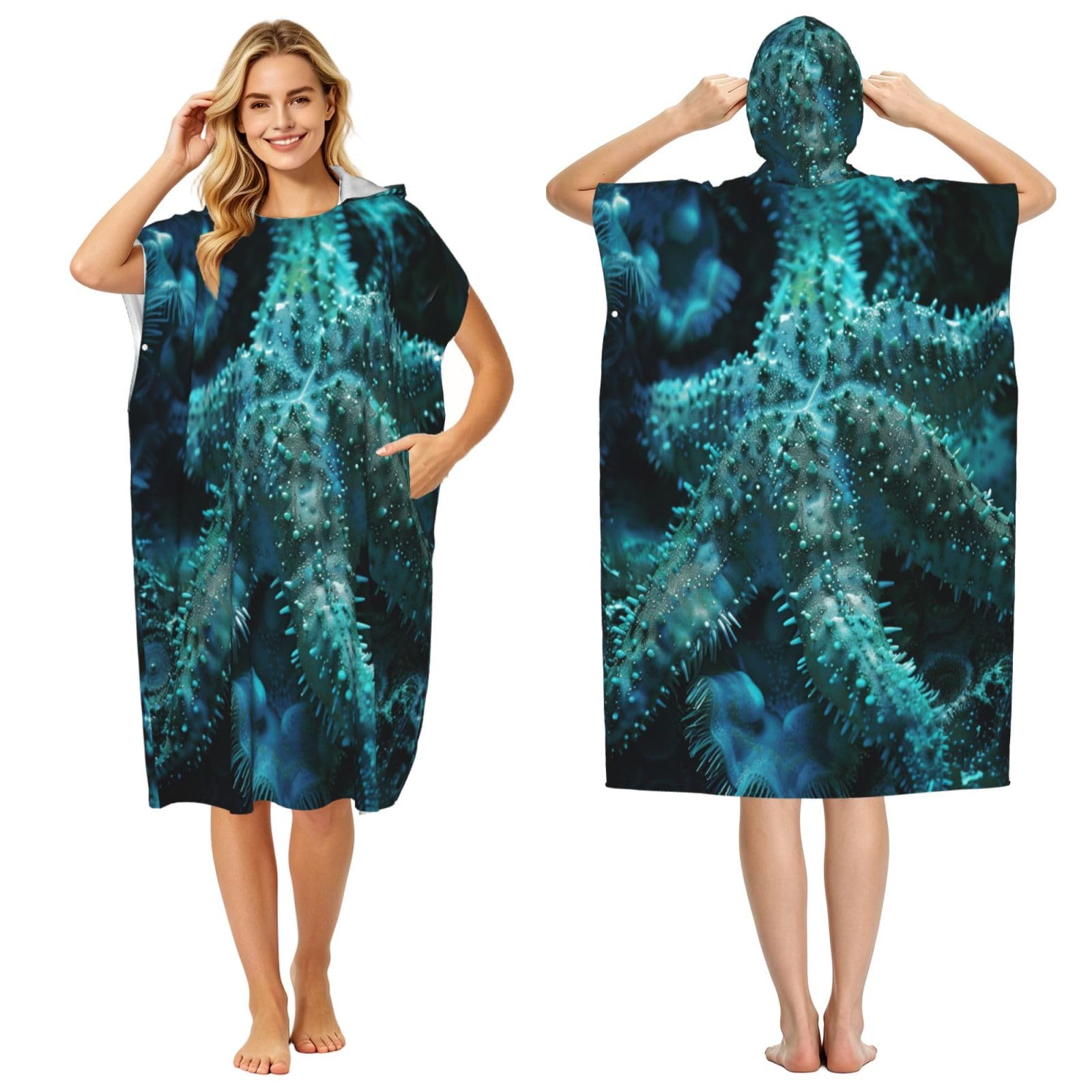 KLGRTJHK Starfish Adult Hooded Beach Poncho Towel 43"X35"