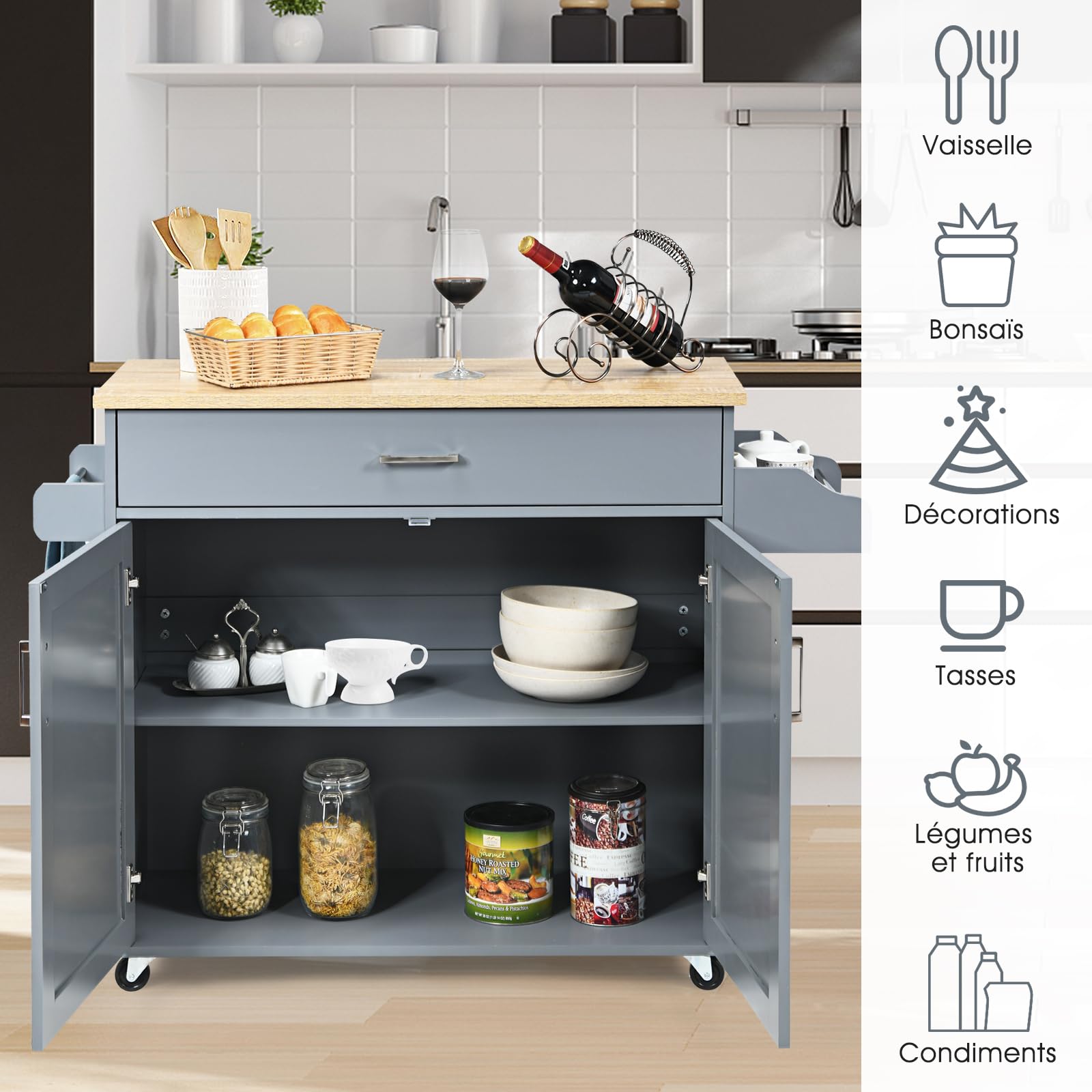 GIANTEX Desserte à roulettes avec Plan de Travail 90 x 40 cm, Desserte de Cuisine avec Grand Tiroir et Armoire à 2 Portes, Porte-Épices et Porte-Serviettes,116 x 40 x 85 cm (Gris)