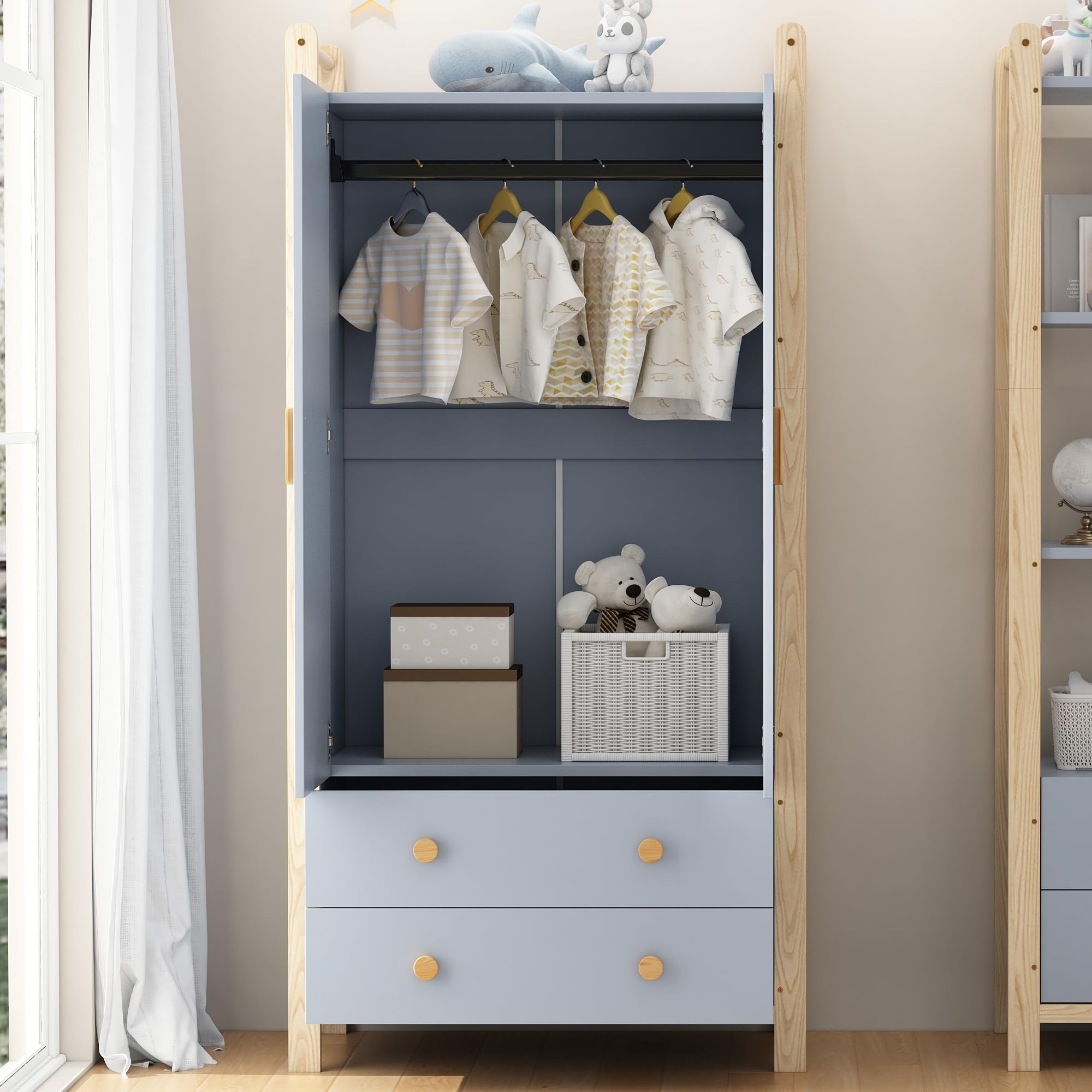 Armario para Niños con 2 Puertas y 2 Cajones 180x90x45 cm Armario Ropero de Madera con Barra para Colgar, Ropero Estrecho Moderno para Dormitorio, Salón, Perchero de Pasillo, Azul y Natural