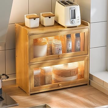 Bamboo Kitchen Pantry Cabinet Countertop Storage Cabinet with Acrylic Doors, Bread Box Table Top Sideboard for Bread Condiments Plates Bowls Aromatherapy Cosmetics Primary, 2 Tire