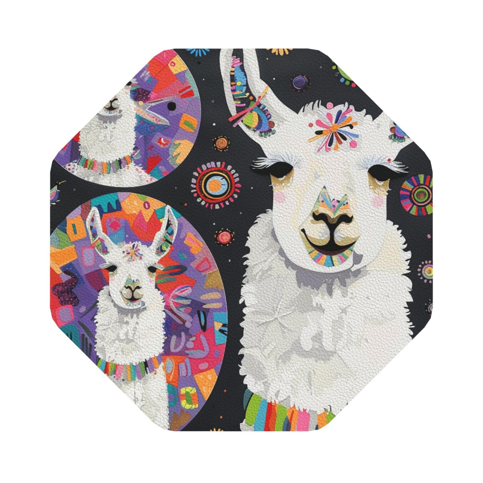Llama Alpaca Print Leather Coaster Set of 6, Octagon Coasters Table Decorative Coffee Cup Beverage Coasters Wine Beer Bar Coasters for Hot Drinks Table Protection