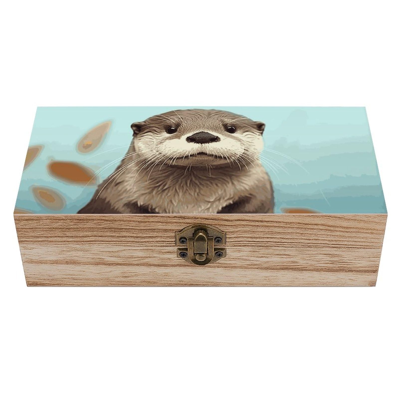 FodPand Cute Otter Wooden Storage Box with Lid And Front Clasp Large Office Desk Organizer Wooden Storage Bins Keepsake Box Memory Box Jewelry Box Gift Box for Home Office Desk Decor